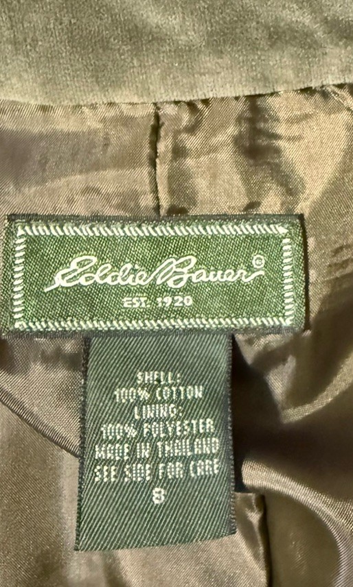 Vintage Eddie Bauer Women 8 Green Velvet/Velour Trucker Jacket Button Up Lined