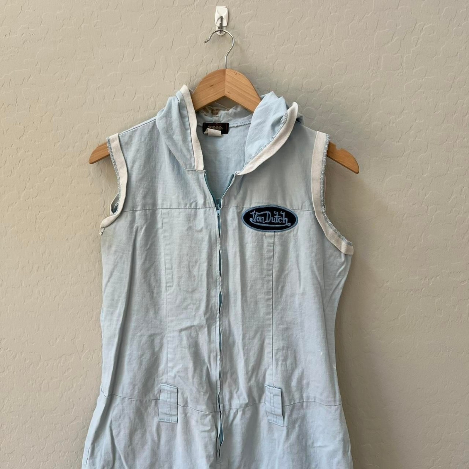 VINTAGE 90’s Von Dutch Light blue white cargo sleeveless jumpsuit coveralls sz L