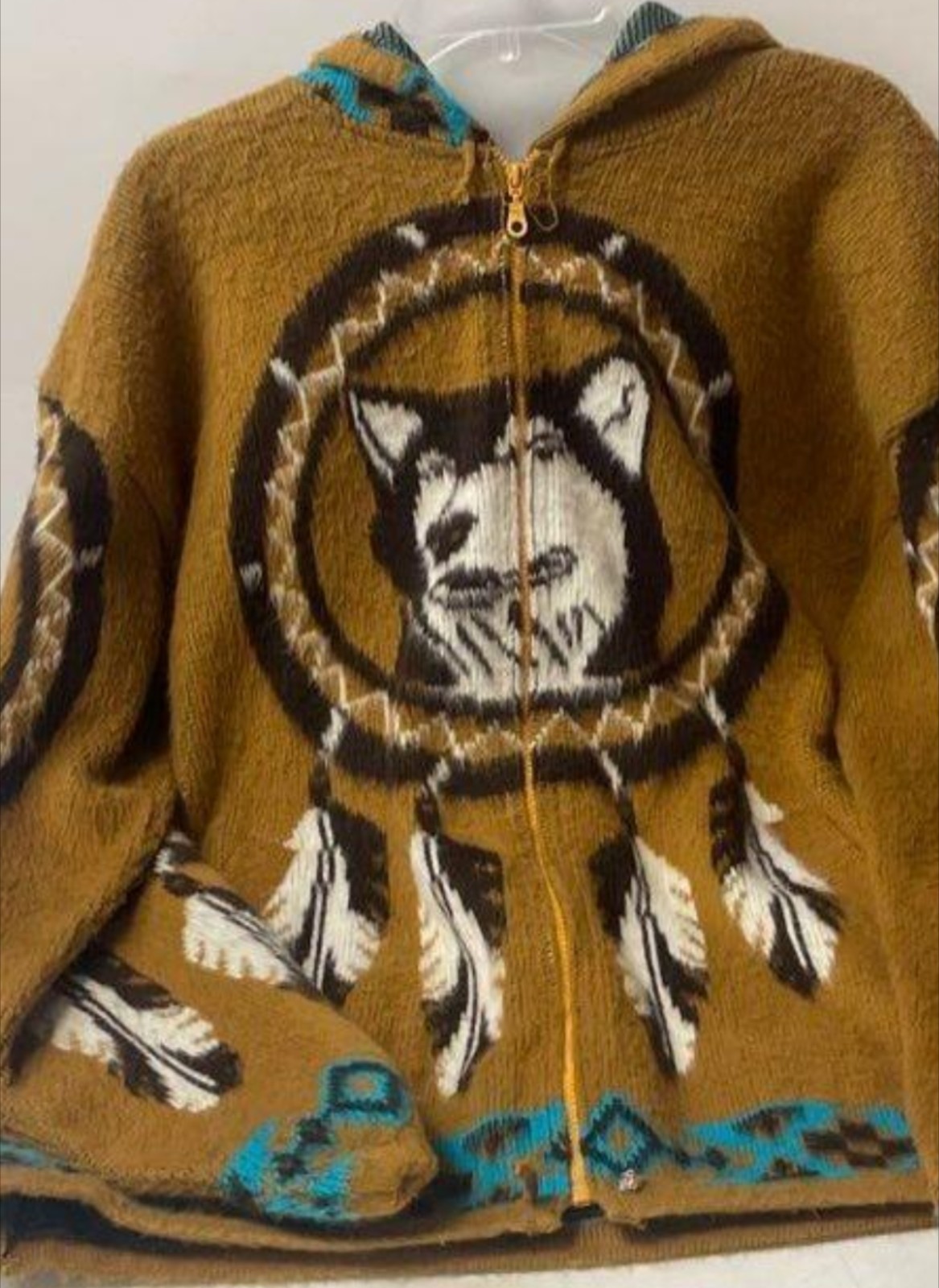 Artesanias Tuntaquimba Handmade Wool Wolf Sweater Jacket XL Native American WOW