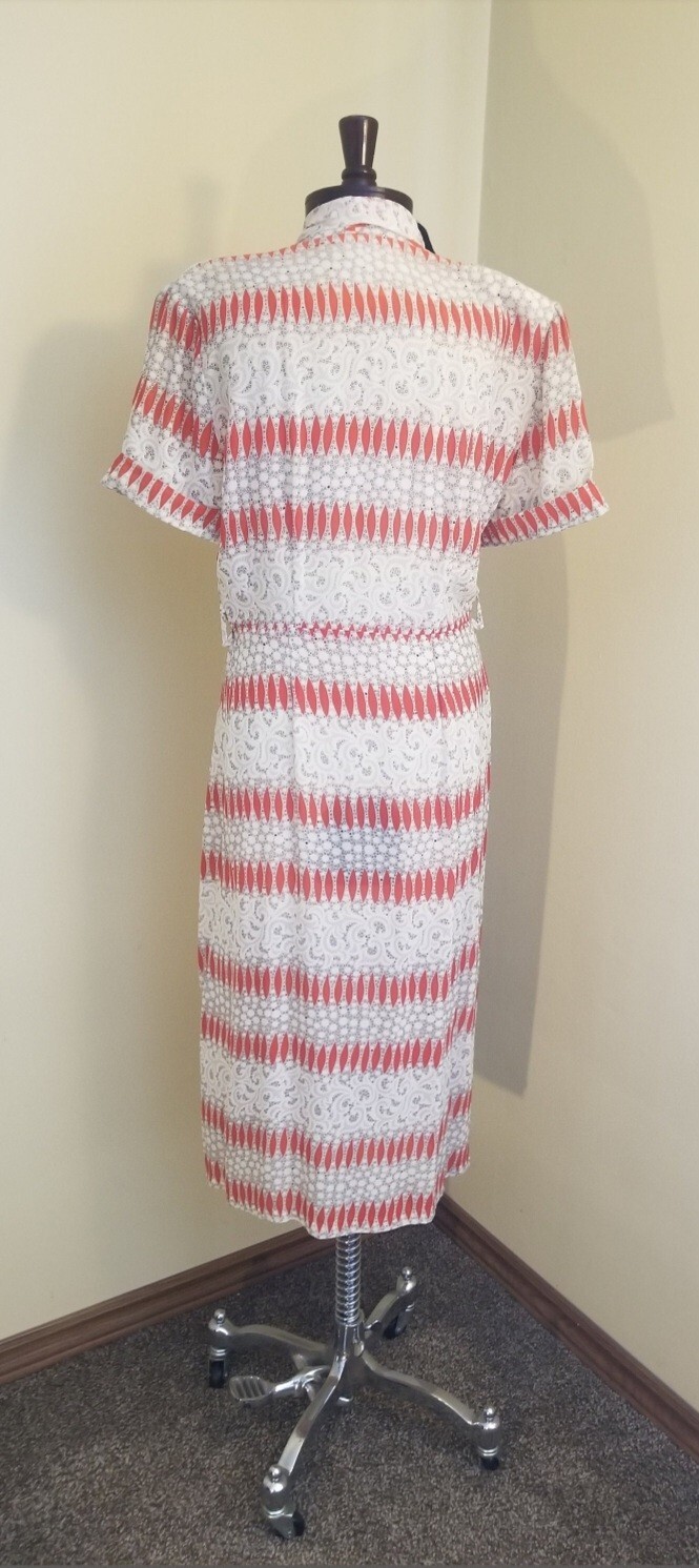Vintage 1930s Art Deco White And Orange Silk Chiffon Dress With Black Accents L