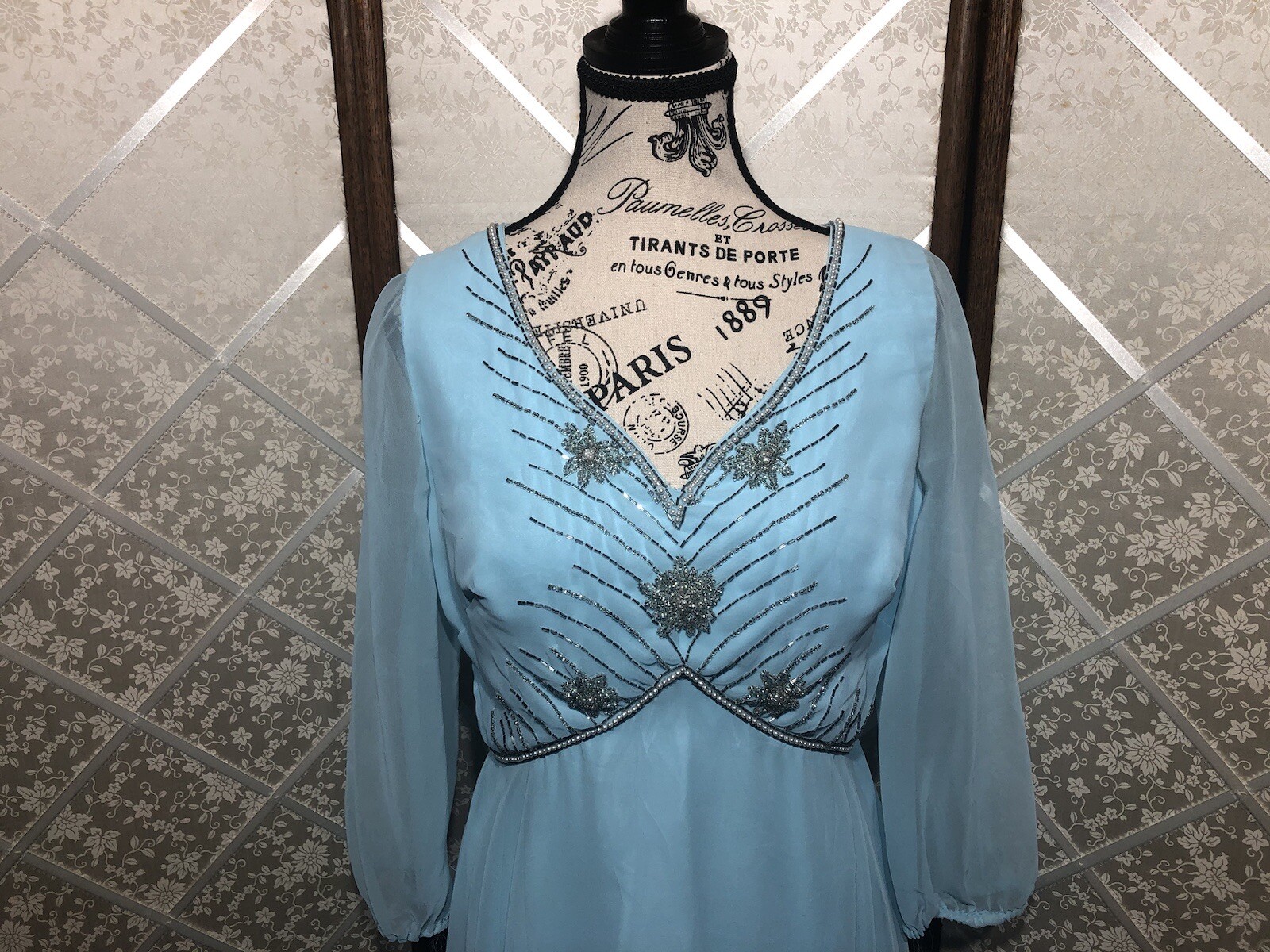 VTG 60s~70s Chiffon Maxi Dress SHEER Long Sleeves Jeweled NeckProm Pale Blue ~S