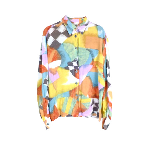 1980s Vintage Art Design Silk Shirt with All-Over Print Colorful Graphic Women’s