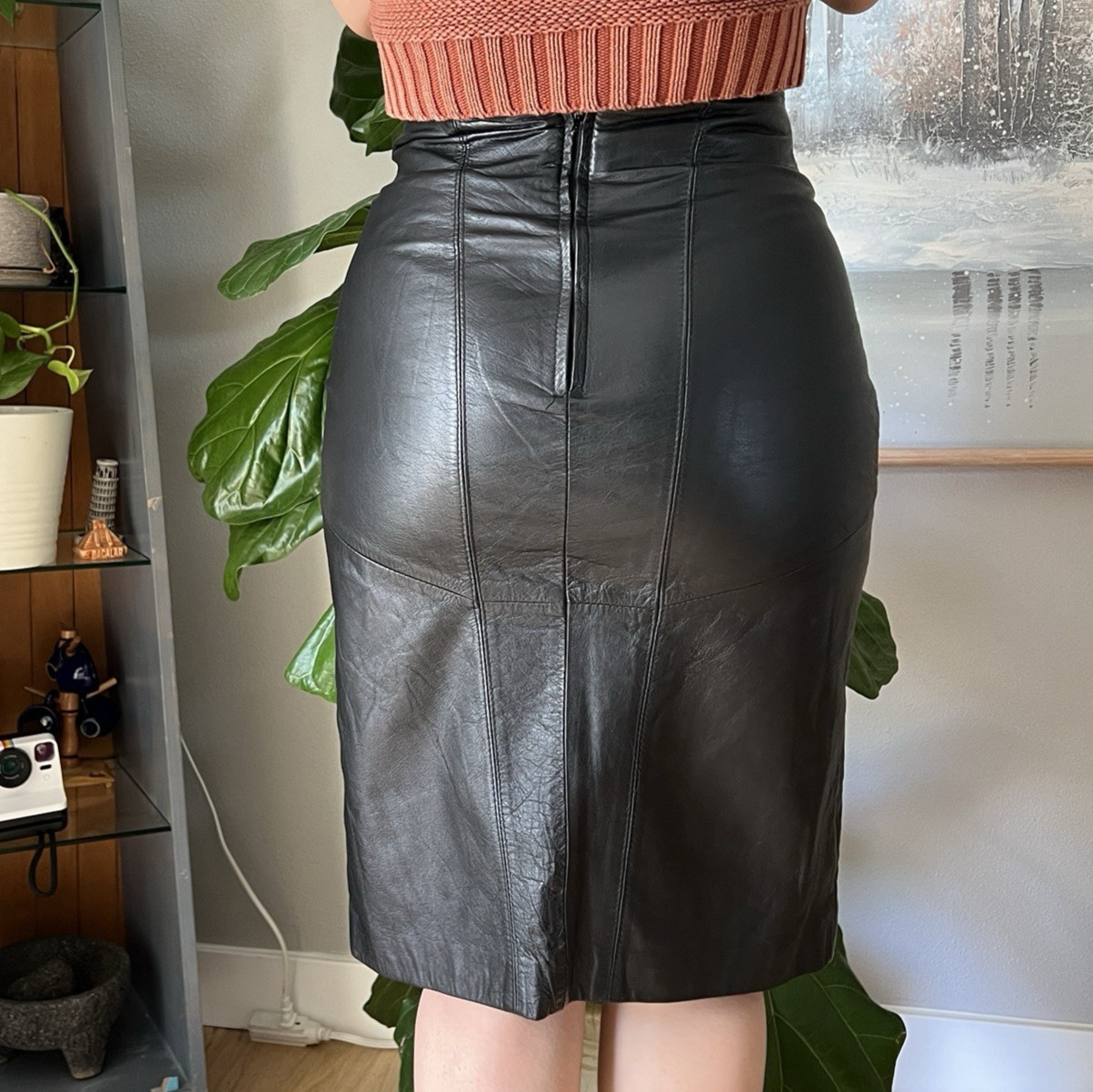 Vintage Pelle Cuir Black Genuine Leather Pencil Skirt High Waist Size 10 Midi