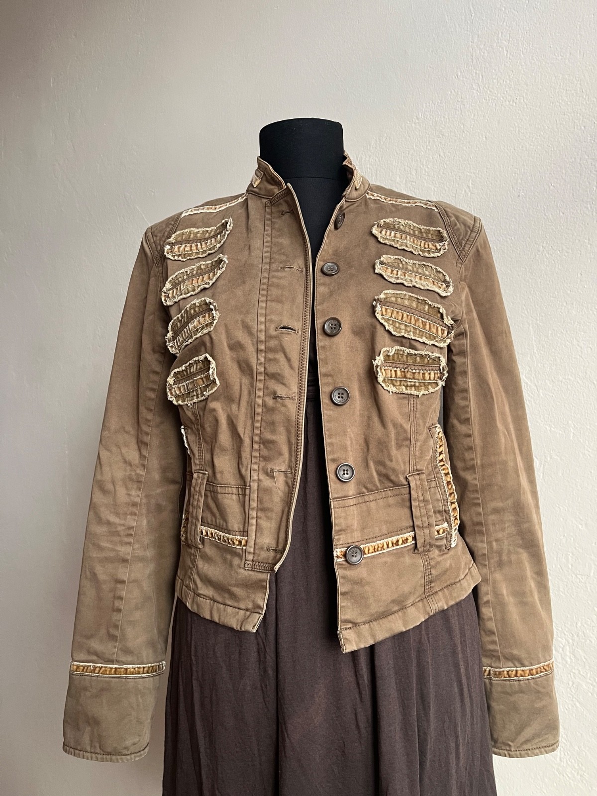 Mandarin & Mint Velvet Trim Military Jacket Brown Y2K Fairy Grunge Size 36
