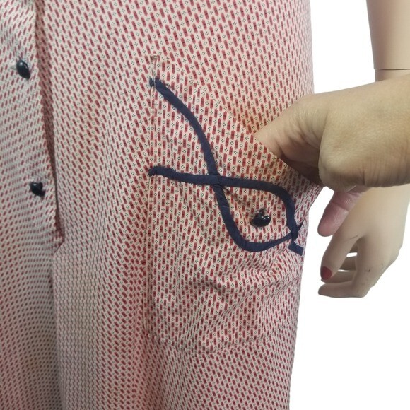Vtg 40s red blue print button up day dress WWII era Victory Pinup VOLUP SIZING