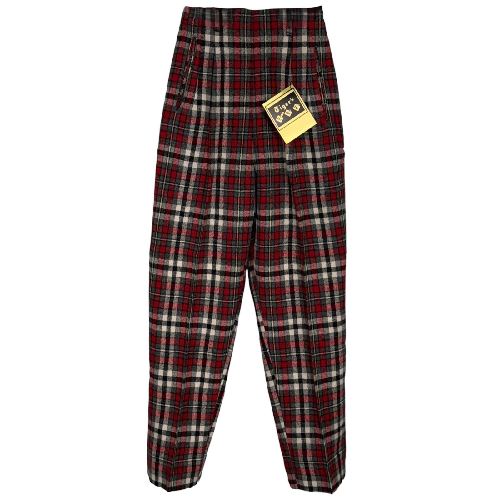 Vintage 60s Womens Plaid High-Waist Wool Blend Pants With Side Zipper & Button