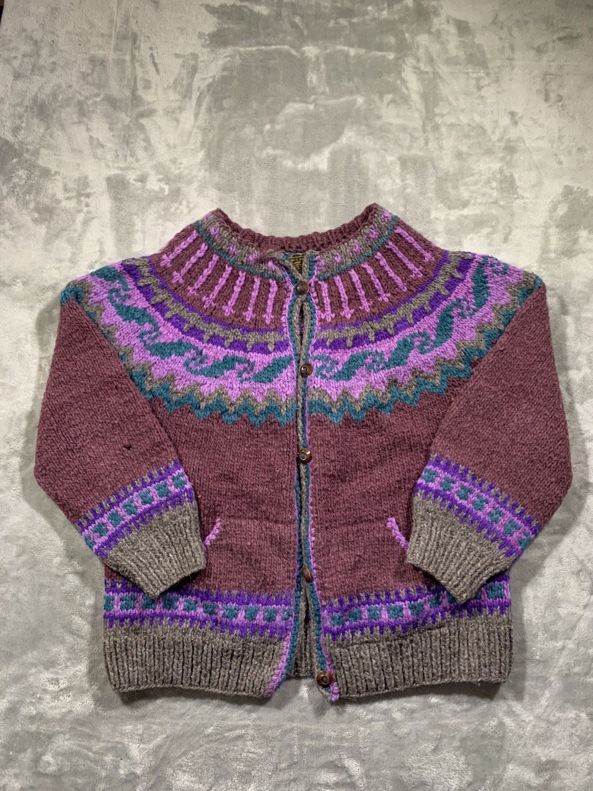 Vintage 80s 90s Nuca Huasi Hand Knit Virgin Wool Ecuador Cardigan Sz M Boho EUC
