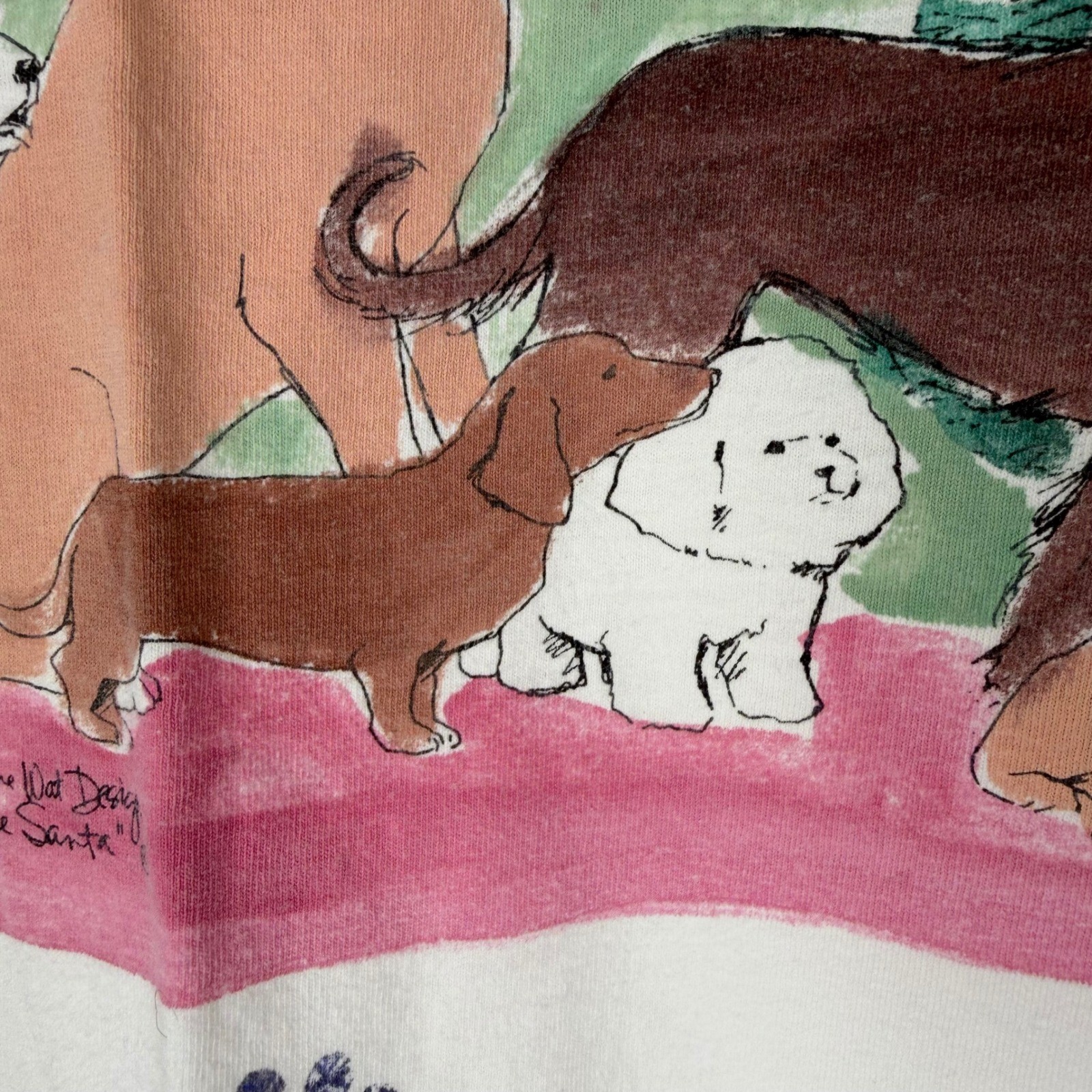 Vintage Diane Wat Hand Painted Christmas Dogs Santa T-Shirt White One Size