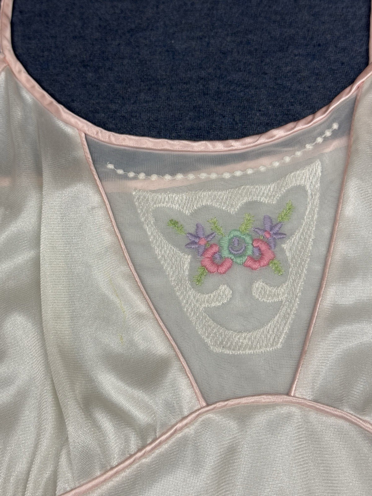 VTG 70s 80s Sears Lace Trim Flower Embroidery Silky Shear Long Nightgown L 16/18