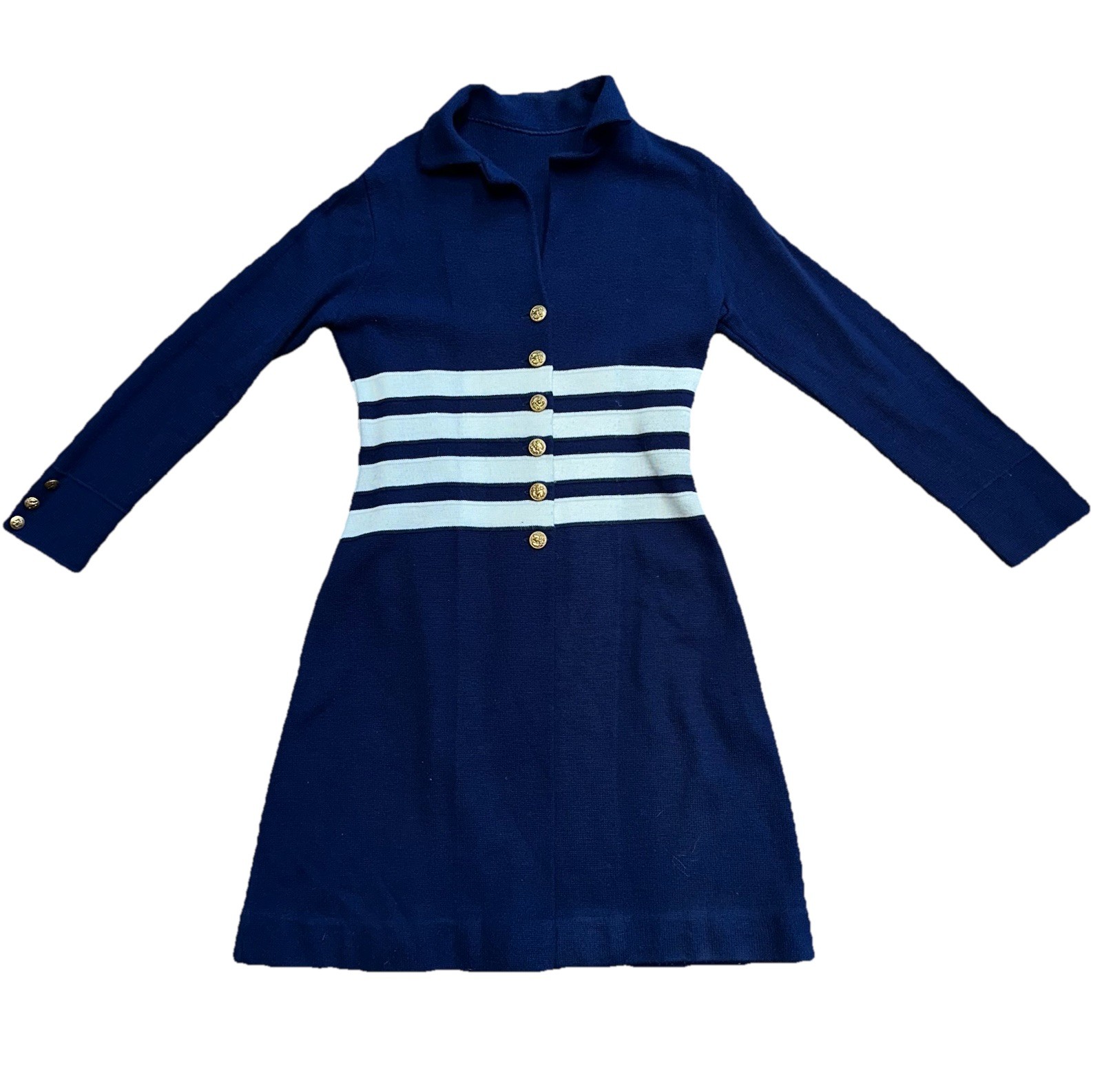 VTG 50s 60s Nautical Sailor Navy Blue White Striped Gold Buttons Sz S