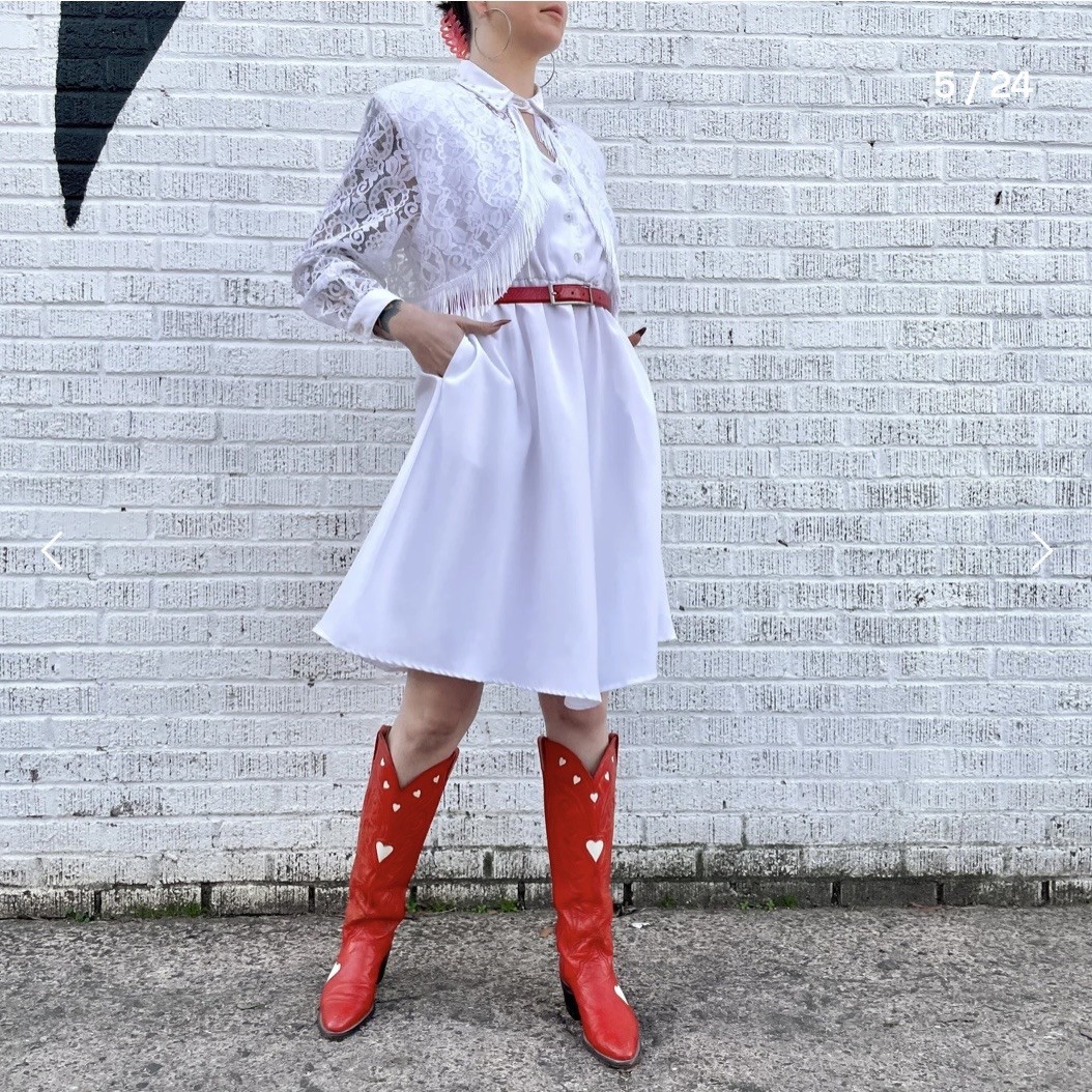 VTG 1980s White Lace & Fringe Western Dress, Authentic Ranchwear, Cowgirl, Rodeo