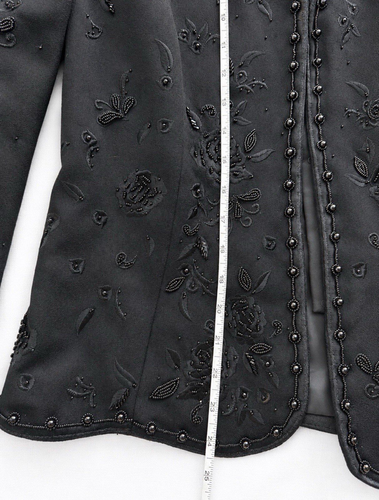 John Meyer of Norwich Black Beaded Embroidered Open Front Jacket Blazer Vintage