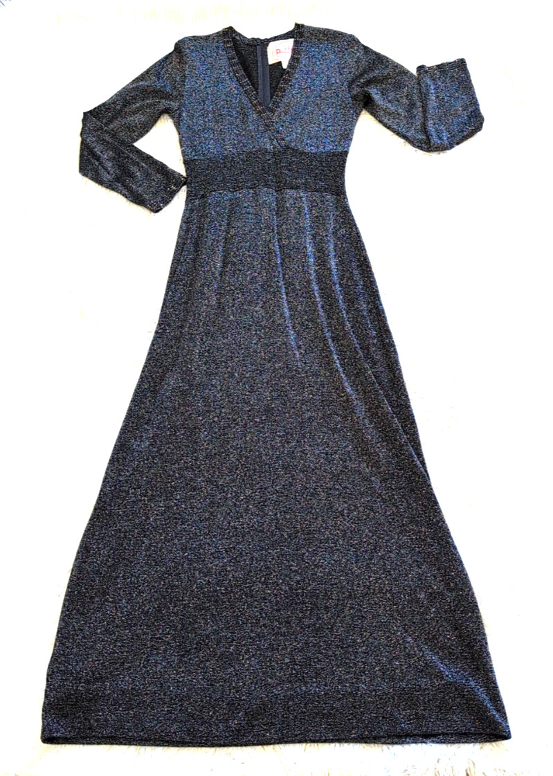 Vtg 70s Metallic Knit Maxi Dress Black Metallic Stretch Women Size 9/10 Zippered