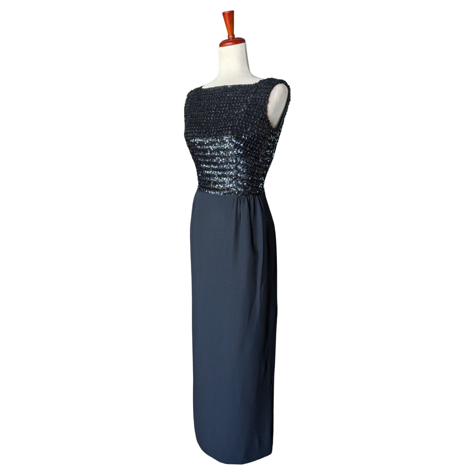 Vintage Jennifer Dallas Black Sequin Deep V Back Evening Gown Maxi Dress