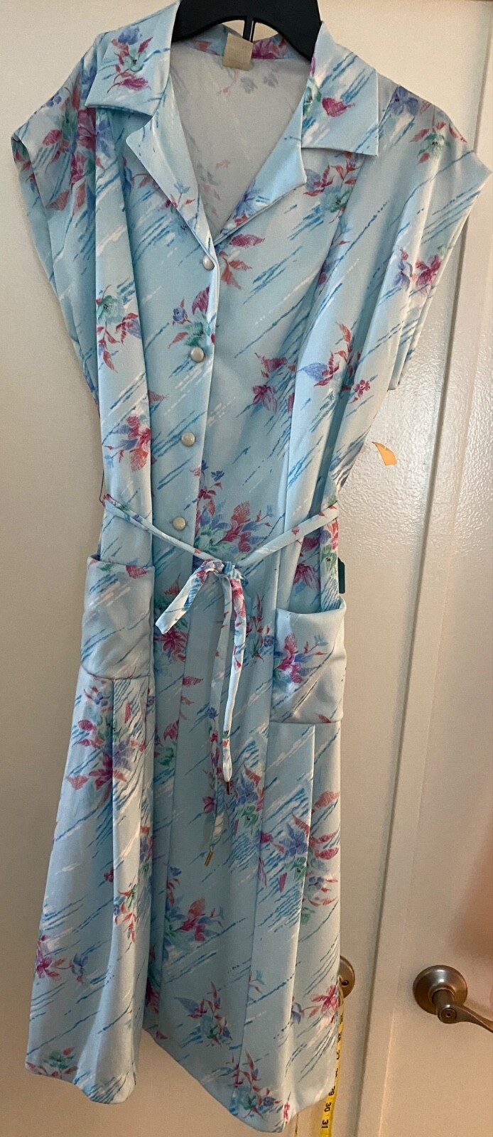 VTG 70s House Dress Women Floral Vneck Collar Button Tie Waist Blue Pink Floral
