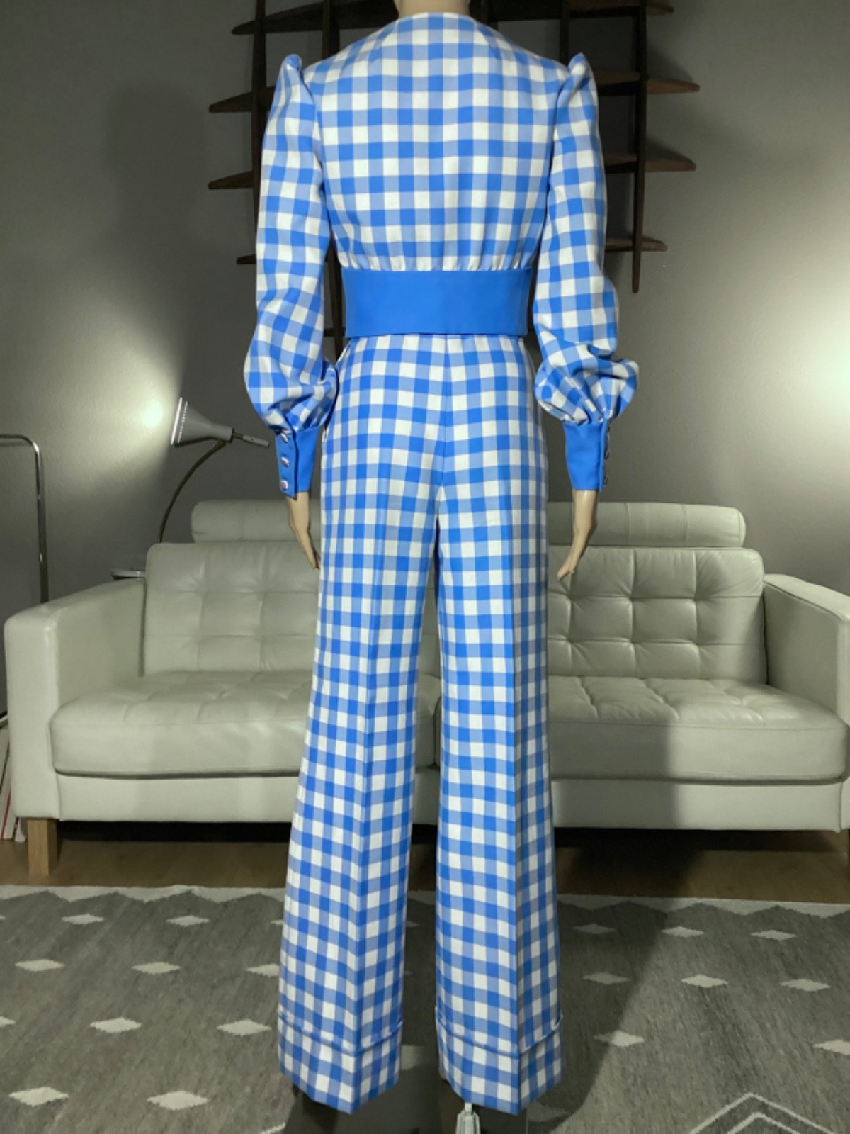 Vintage 1970’s Blue & White Check Cropped Button Up Top & Wide Leg Pants Set