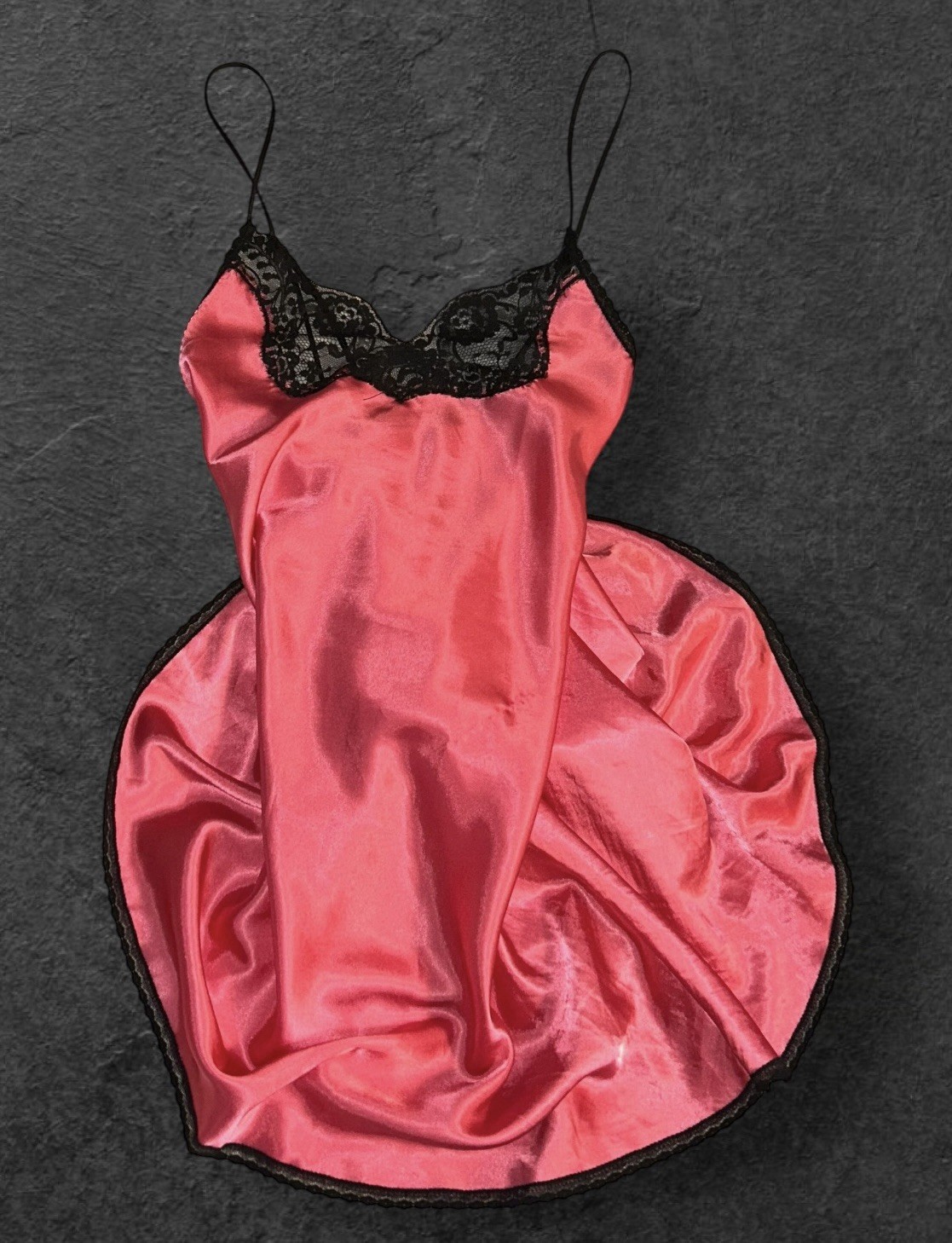 LADY CAMEO Pink Shiny Satin Black Sheer Lace Trim Nightie Nightgown S NOS