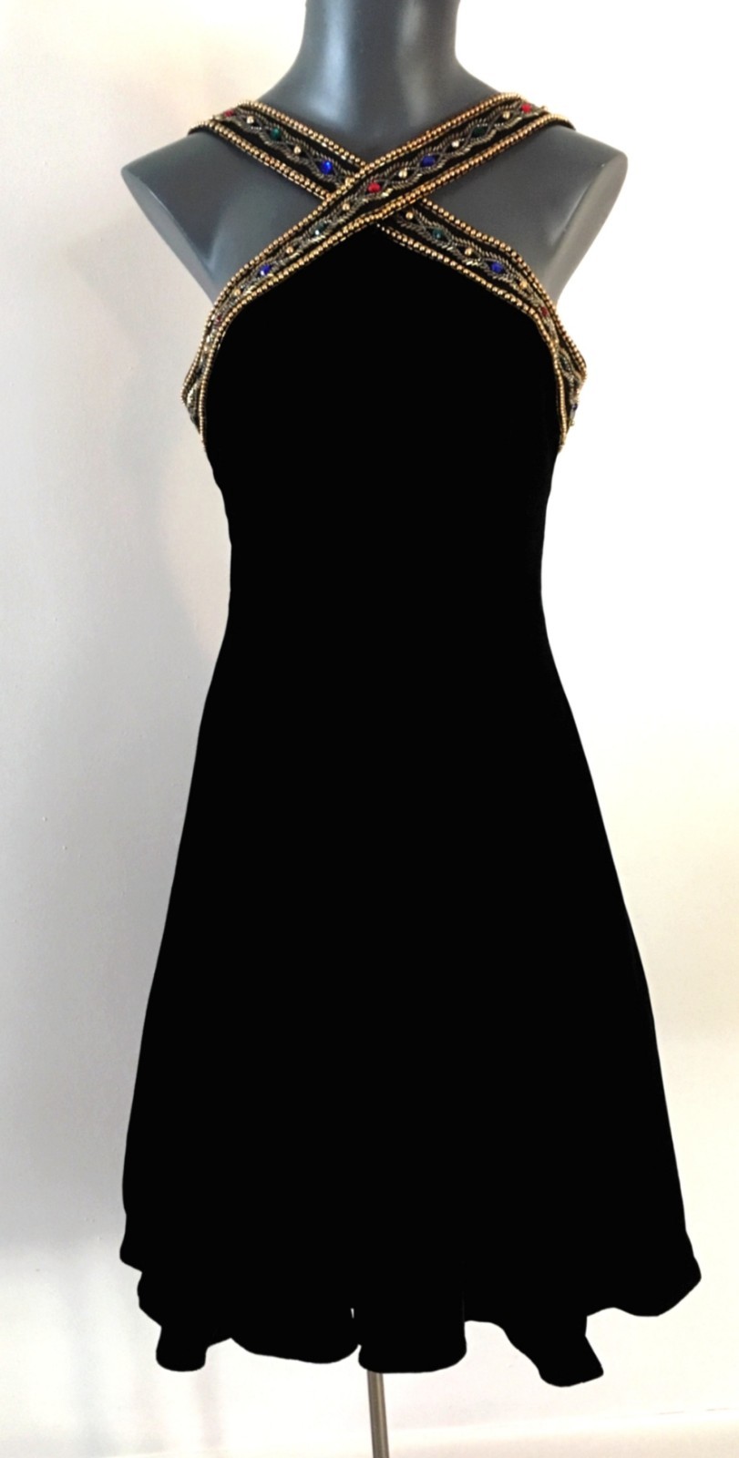 90s Sz 8 B 34 A J Bari Black Velvet Beaded Princess Seam Special Occasion Dress