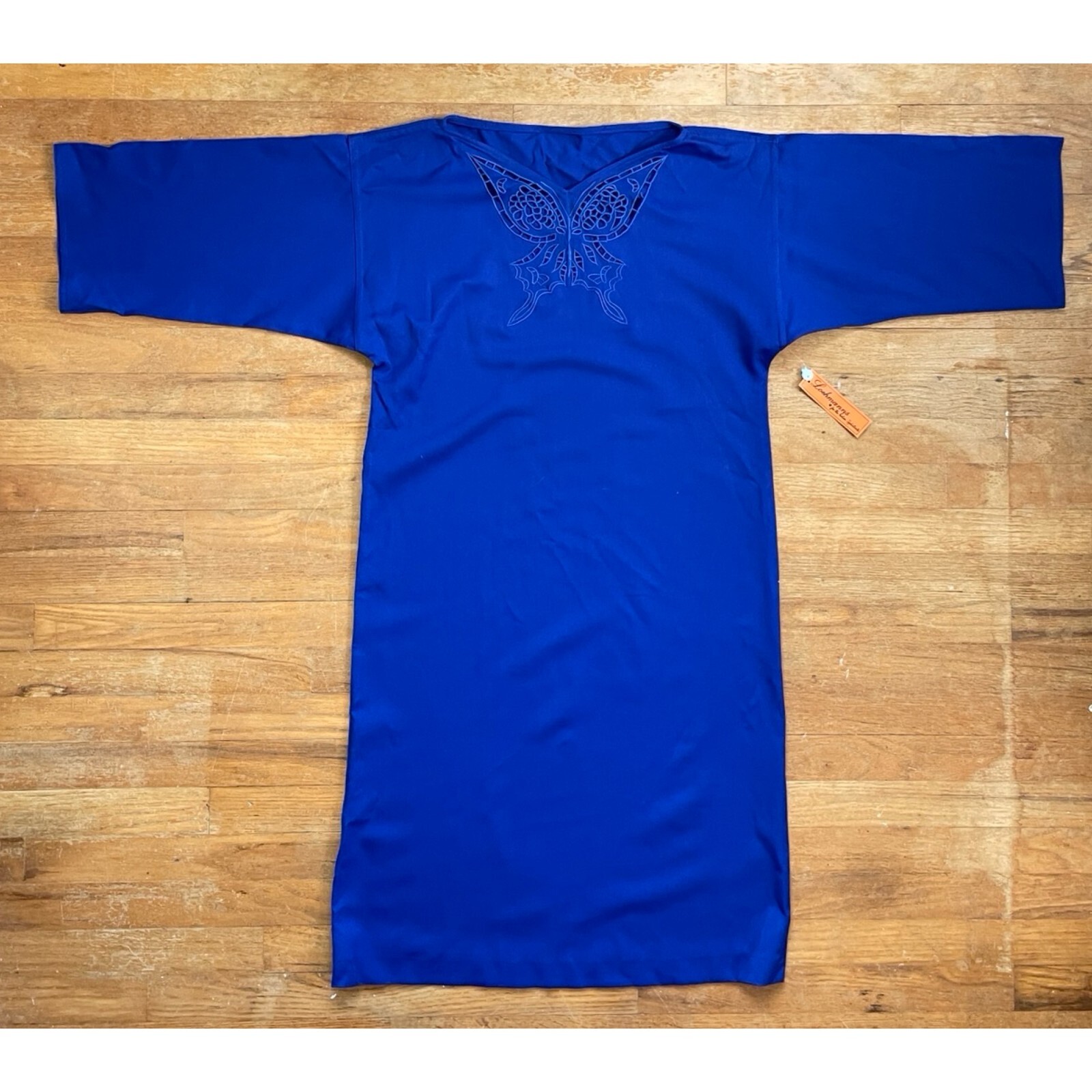 Vintage Butterfly Embroidered Dress Size Medium 1970s Cobalt Blue Twill Wool