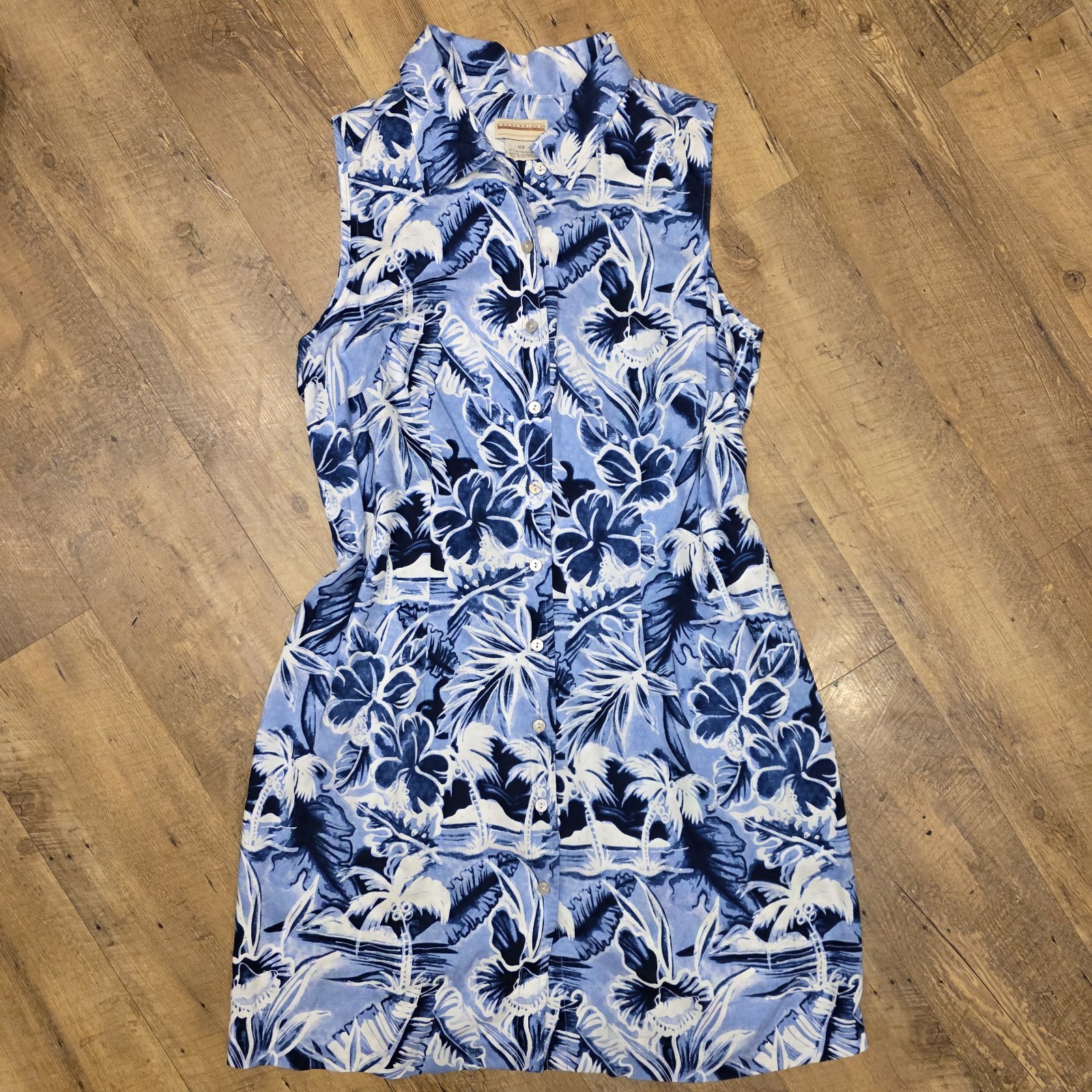 Vtg Expressions Plus Sz 16 W Dress Blue Floral Hawaiin Button Up Collar 90s