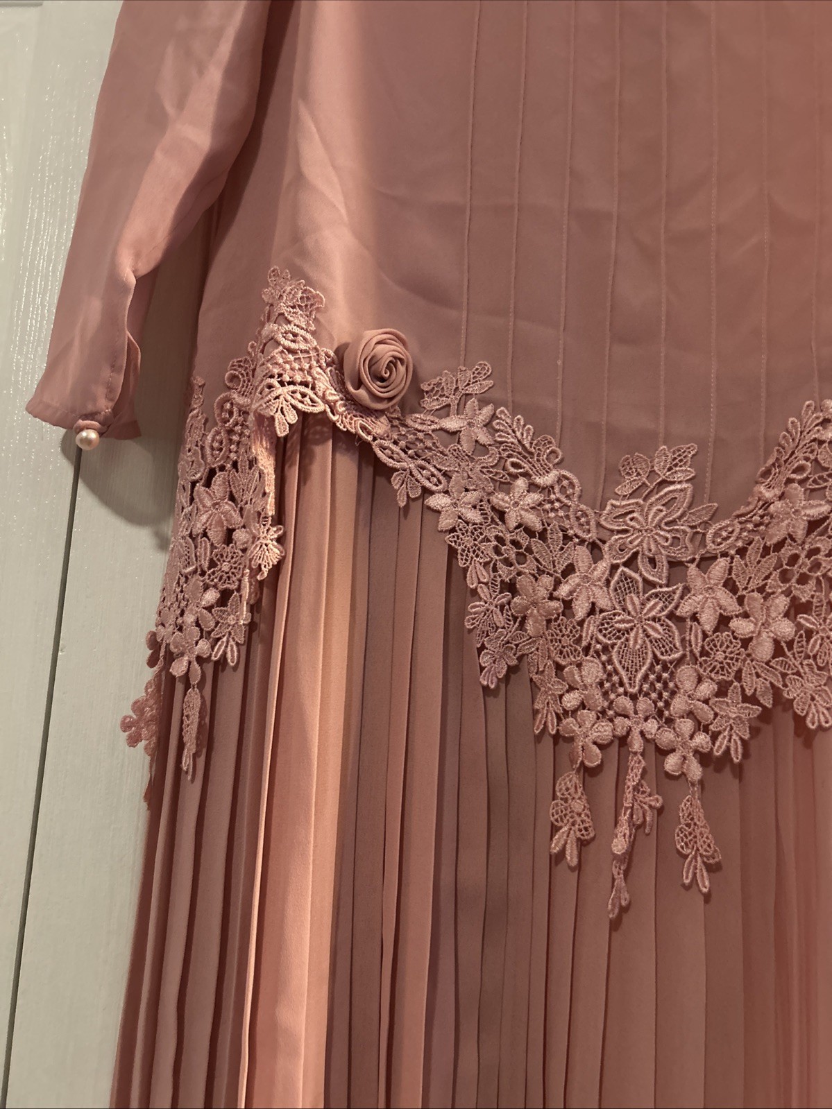 Vtg 80s In The Mood Pink Drop Waist Dress Lace Rosettes Pleated Size 14 Romantic