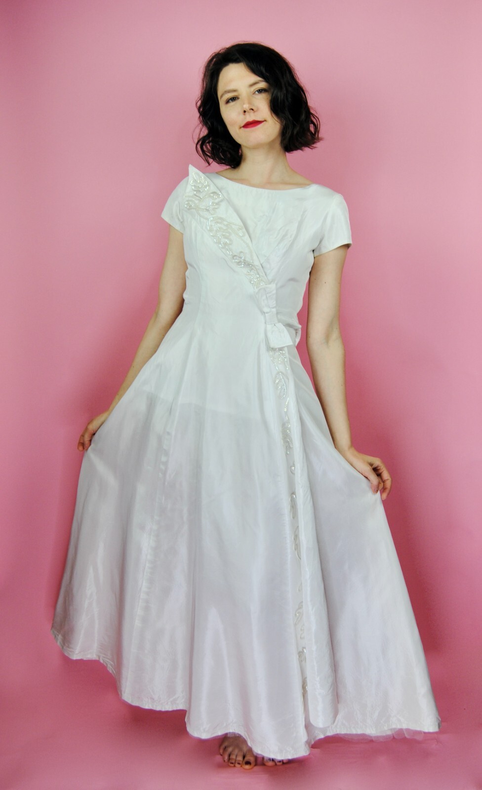 1960s Vintage Emma Domb Ivory Wedding Gown Cotillion Formal Sequin Dress XXS XS