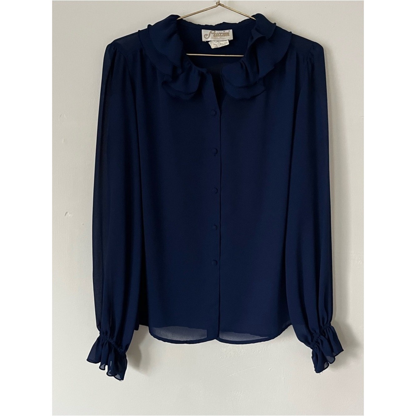 Puccini VTG elegant casual neutral Ruffled Collar Button-Front Blouse in Navy 10