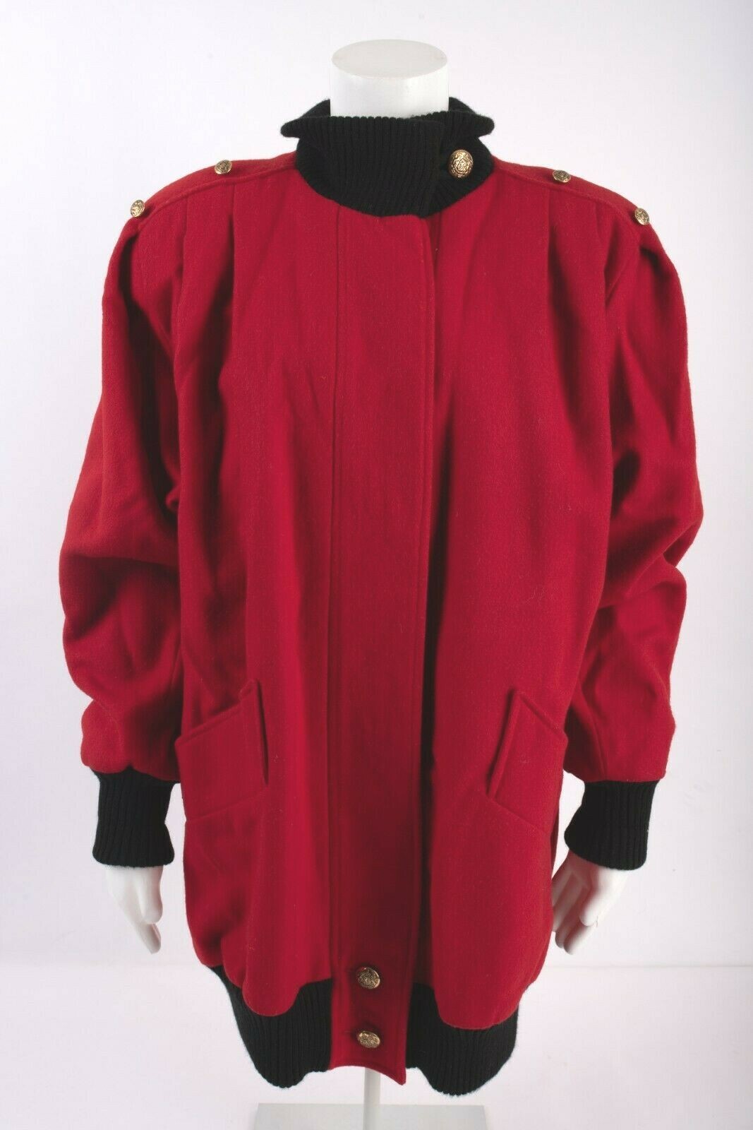 Herman Kay Vintage Wool Coat sz 6 Medium Long Red Black Gold Buttons Pleated