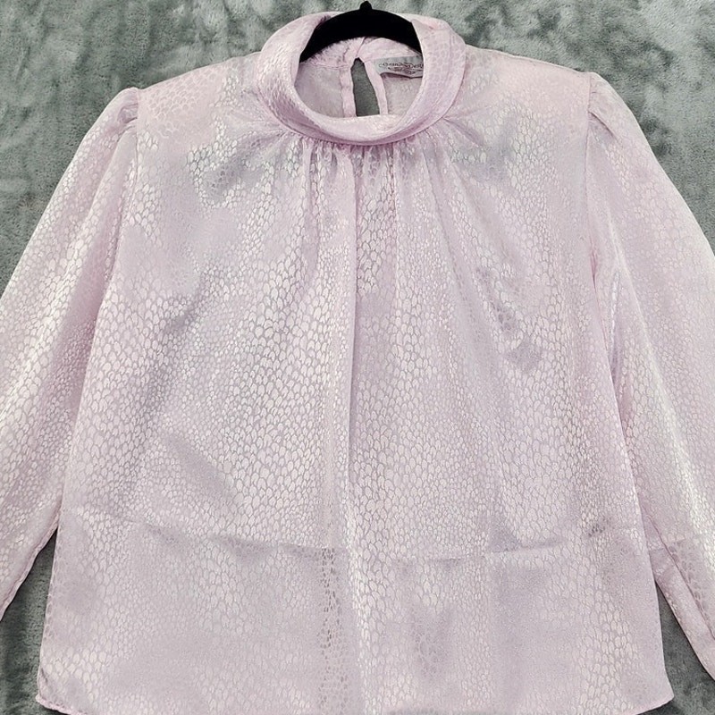 Vintage Grand Design Top Womens M Pink Jacquard Silky High Neck Long Sleeve