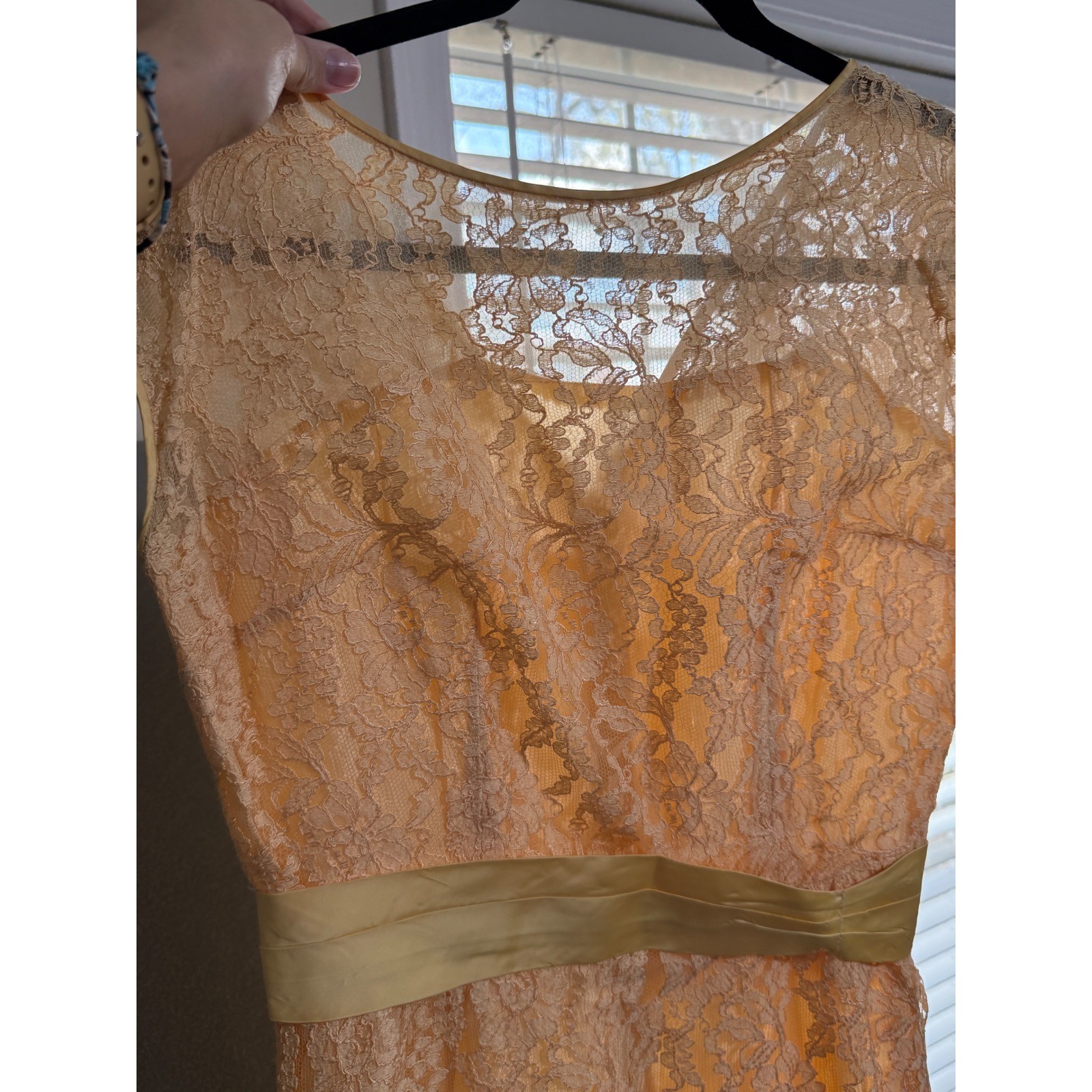 Vtg Peach Lace Sheath Dress Yellow Sash Metal Zip Womens S 1960s