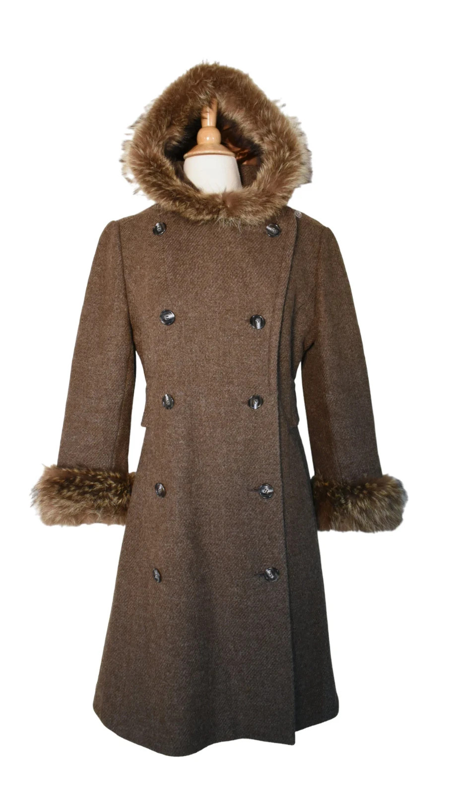 Vintage 70s Ronnie Sophisticates Cocoa Brown Wool Tweed Fur Hood Penny Lane Coat