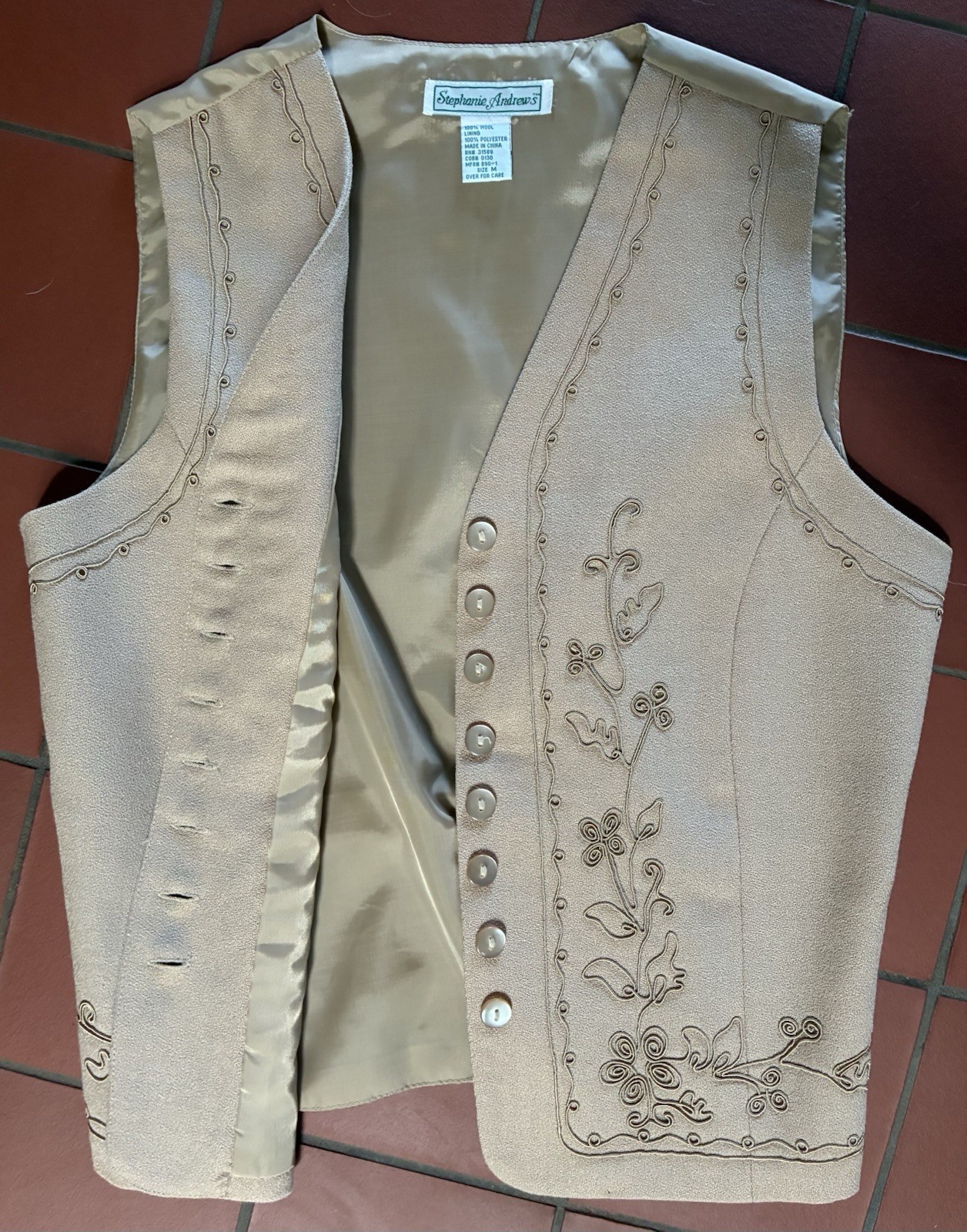 Vintage 90s Beige Tie Back Stephanie Andrews Embroidered Wool Vest size Medium