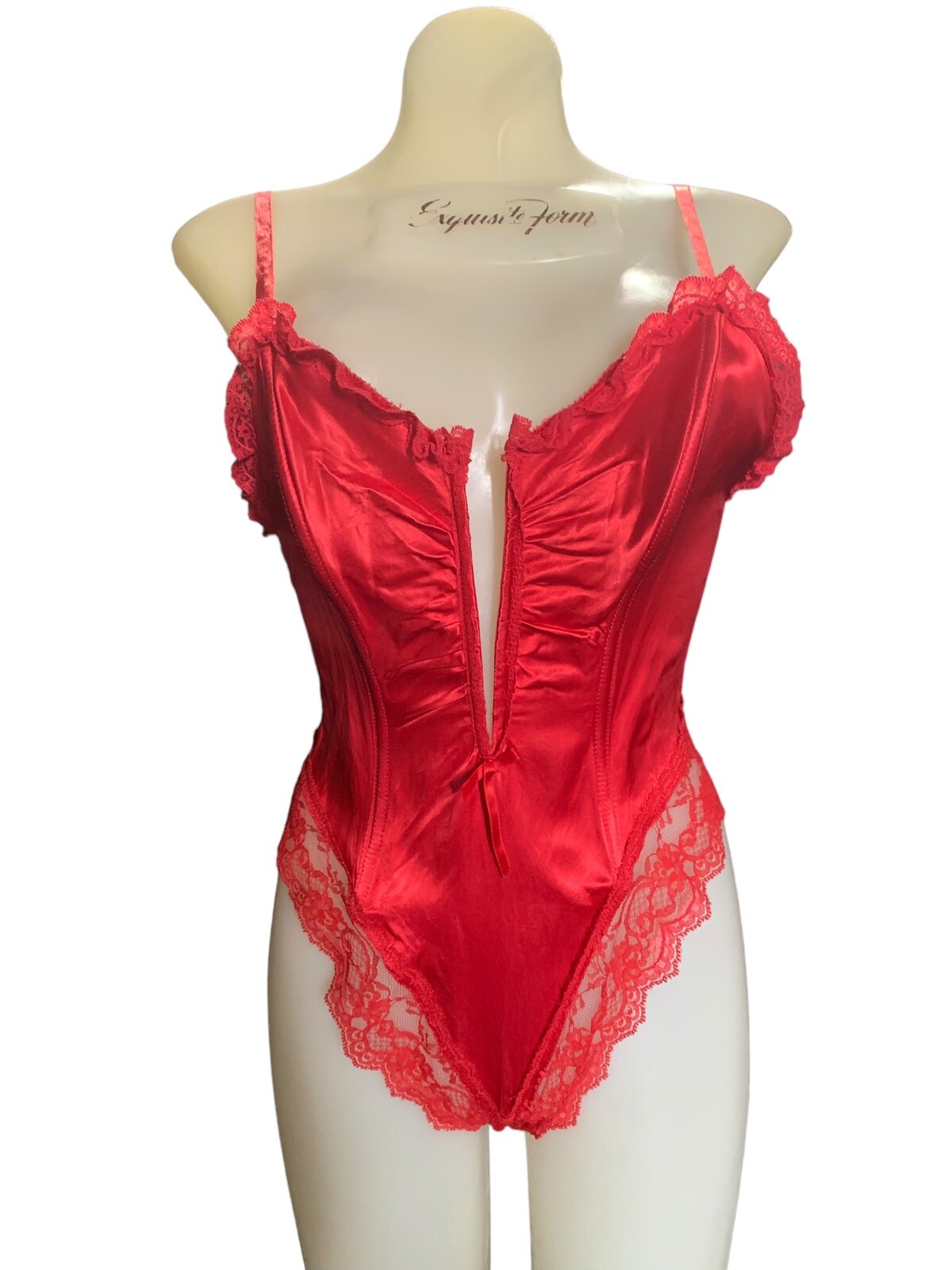 VTG E Bole GLOSSY Lipstick Red Satin Spandex TEDDY Bodysuit Bra PANTY Med Lace