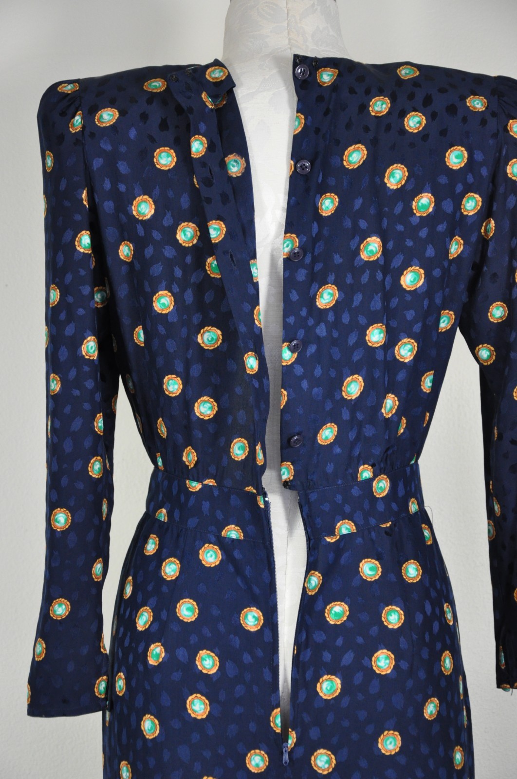 80s Vintage Navy Blue Silk Gemstone Print Puff Sleeve Back Buttons Dress Women S