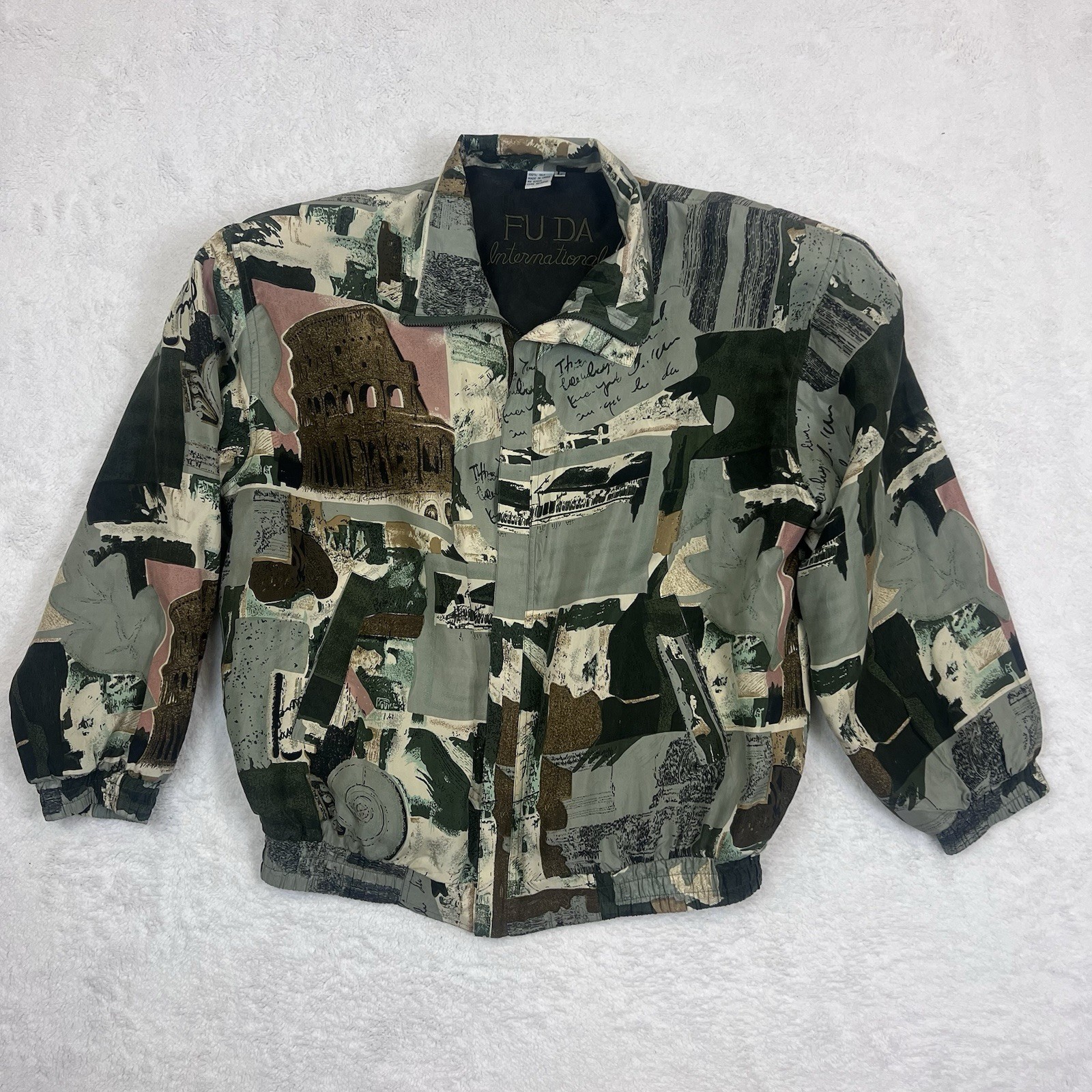 FUDA International 80’s Silk Zip Up Jacket Italian Rome Colloseum Theme Large
