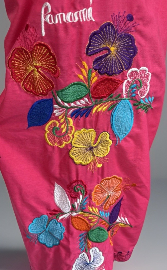 Vintage Panama Embroidered Caftan Dress Fuchsia Floral Muu Muu House Dress