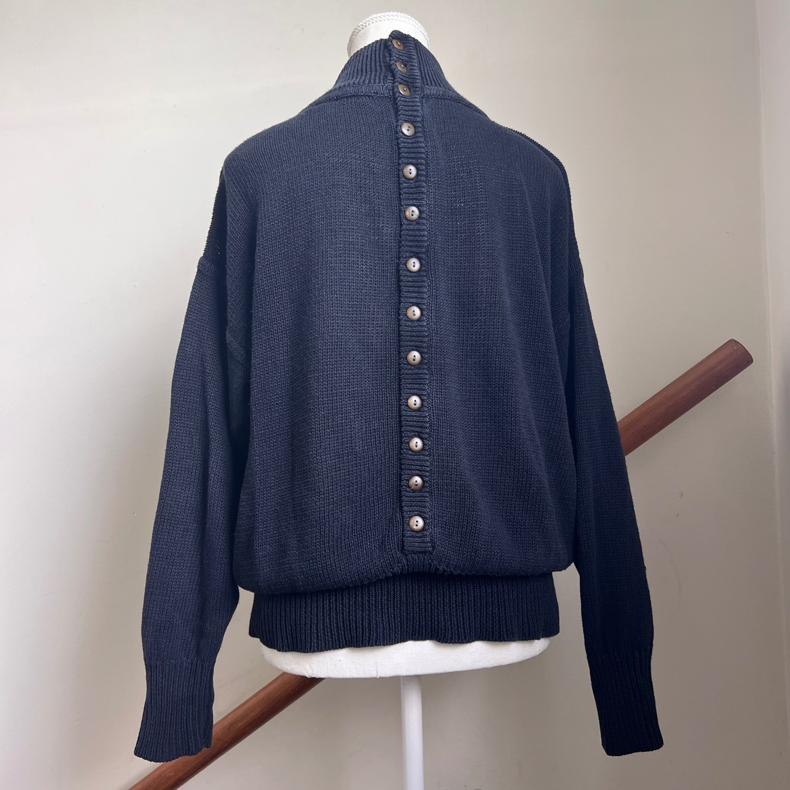 Vintage Baggy Minimalist Sweater Black Button Back Unique Mock Neck Knit Top M