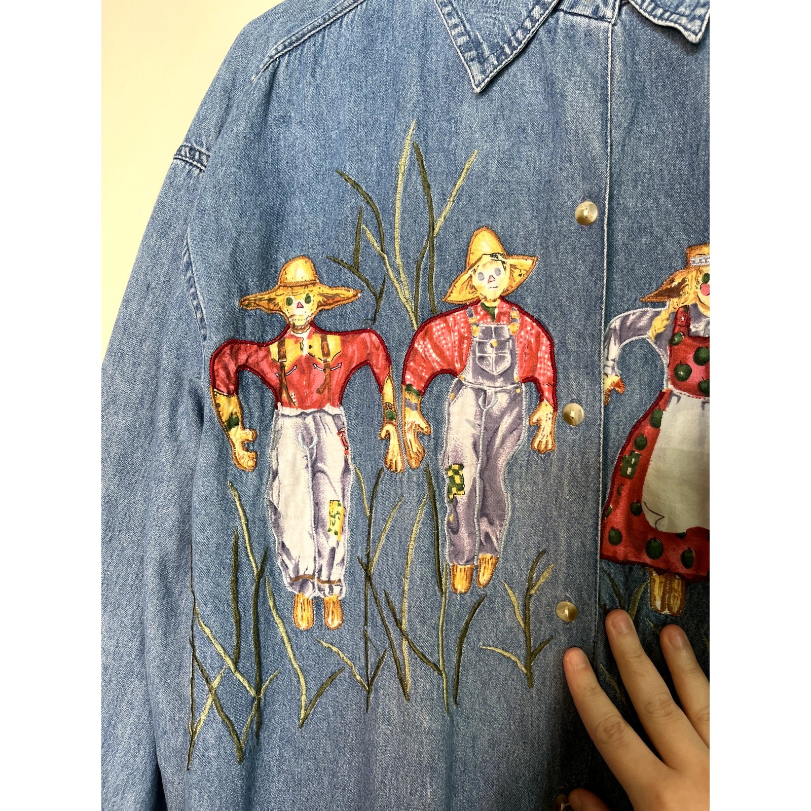 1990s Keren Hart Scarecrow Fall Halloween Granny Chambray Artsy Denim Shirt M