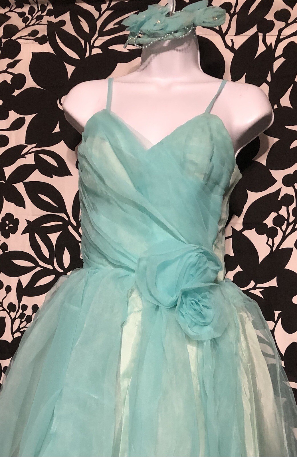 Late 1950s Early 1960s Aqua Party Poof Dress Cape Headpiece