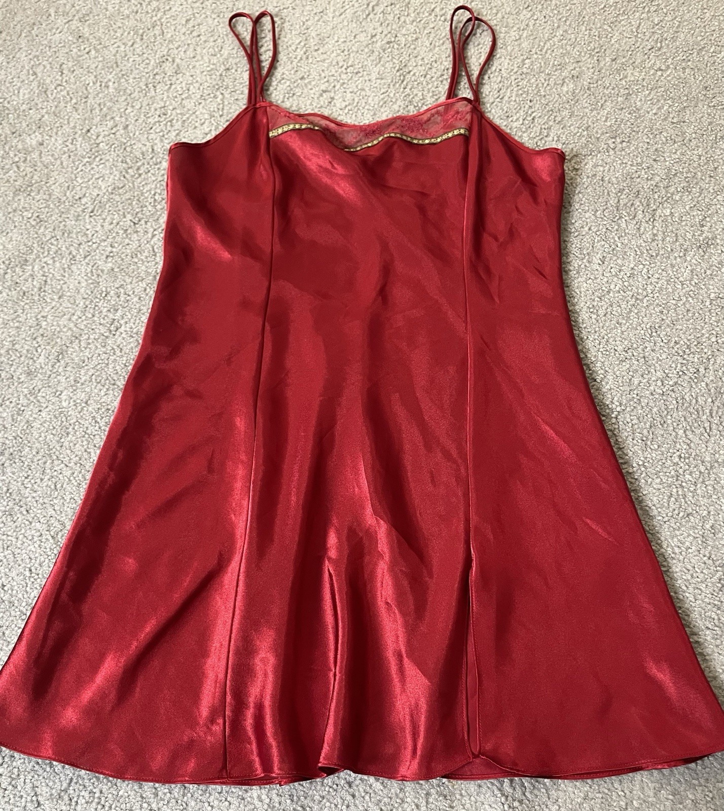Vtg 80s Delicates Satin Nightie Sleepwear Sz L Red Lace Trim Slit Straps Sexy