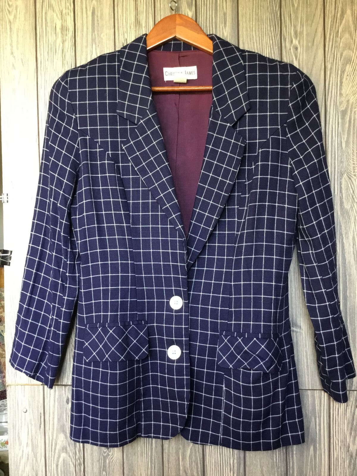 Vintage Women CHRISTINA JAMES New York Blue & White Plaid Blazer Jacket size 8