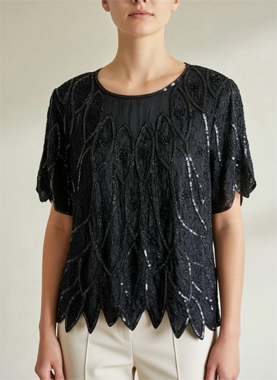 Vintage Patra Stenay Silk Sequin Blouse 2X Black Formal Sequin Mob Glam Top Goth