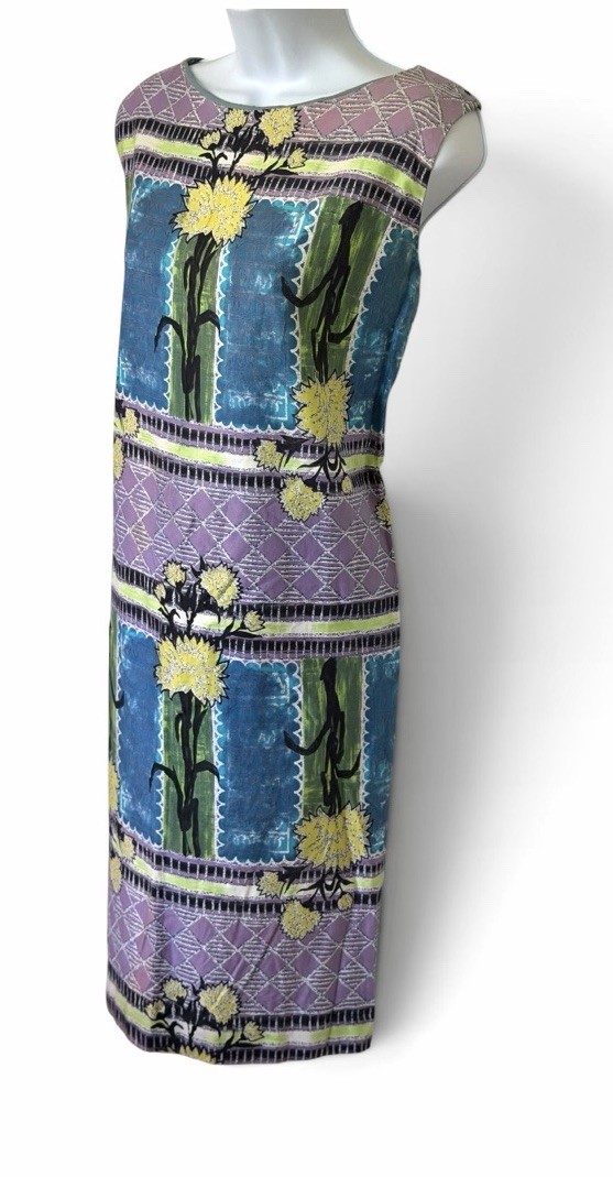 Vintage 50s Rhapsody by Glazier Mod Tiki Print Day Dress M Metal Zip Sleeveless