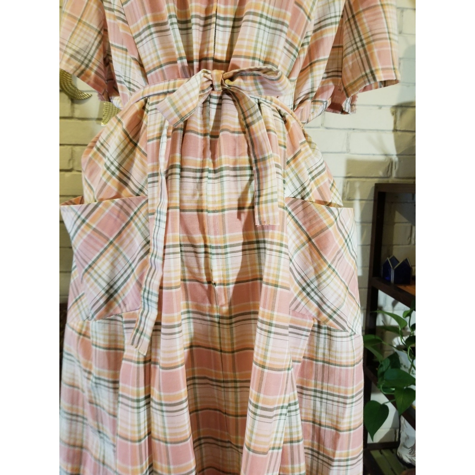 Vintage 70s Sears Pink Plaid Zip Front House Dress Pocket Belted XL 1X