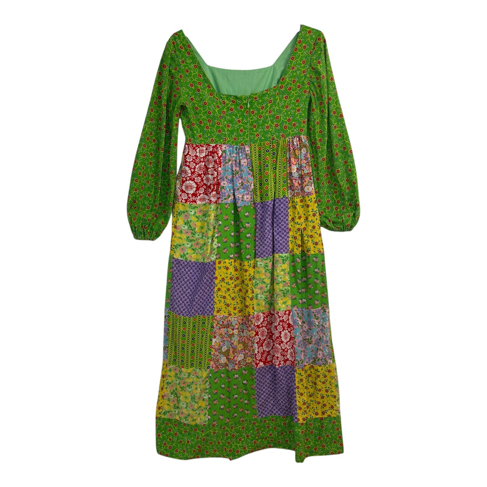 Vtg Mountain Artisans Patchwork Maxi Hippie Dress Floral Boho Green Pink Size 8