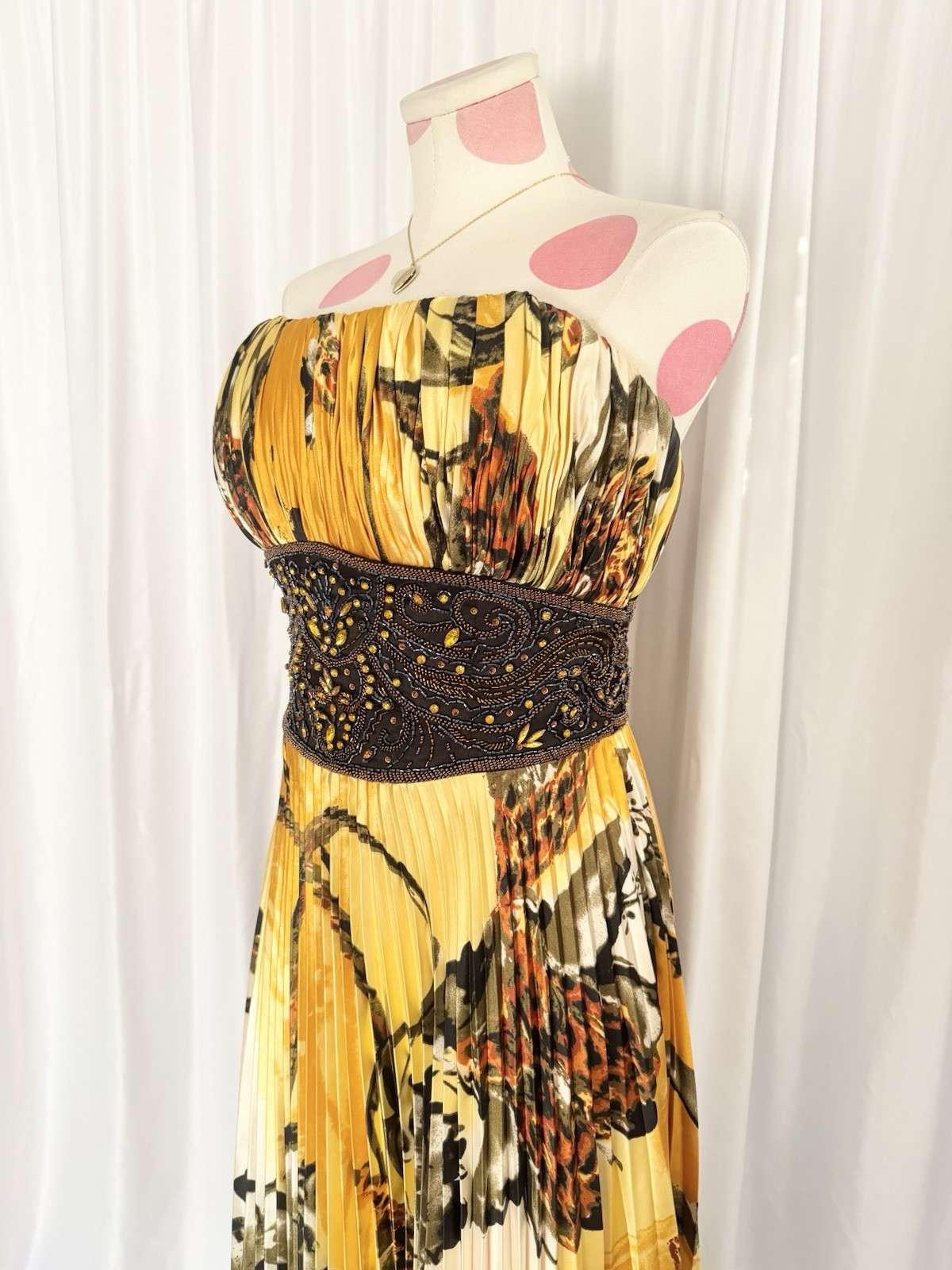 Vintage Yellow Leopard Floral Beaded Sequin Pleated Formal Gown Dress 14 Jovani