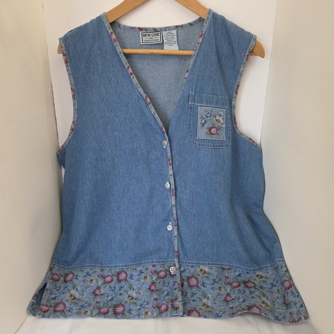 VTG 90s New Look Denim Women’s Vest Sz XL Blue Floral Trim Patchwork Detail…