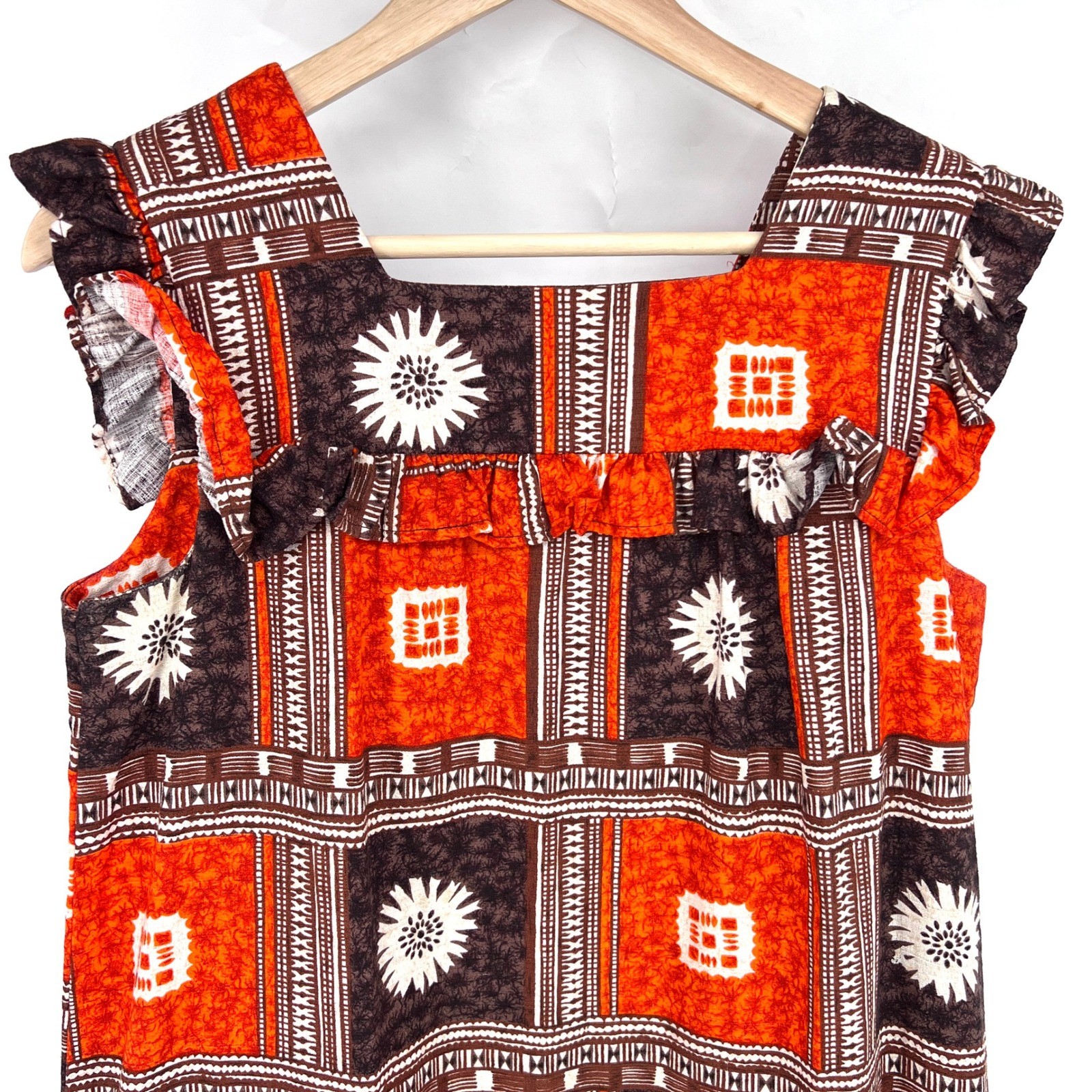 Vintage 1970s Tapa Designs Hawaiian Maxi Dress Ruffle Tapa Print tiki luau