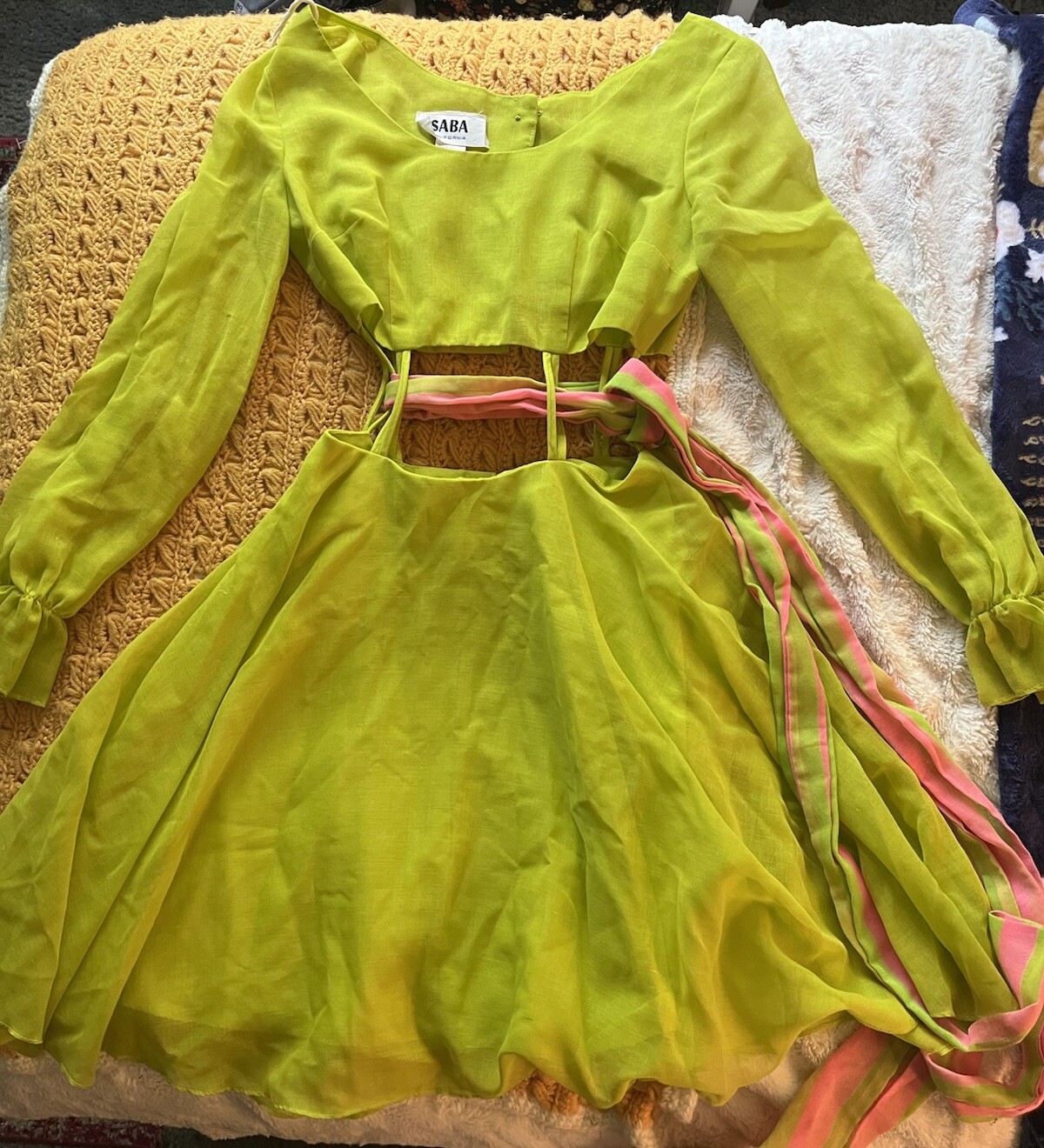 Green And Pink Saba 70s Cutout Midriff Party Dress