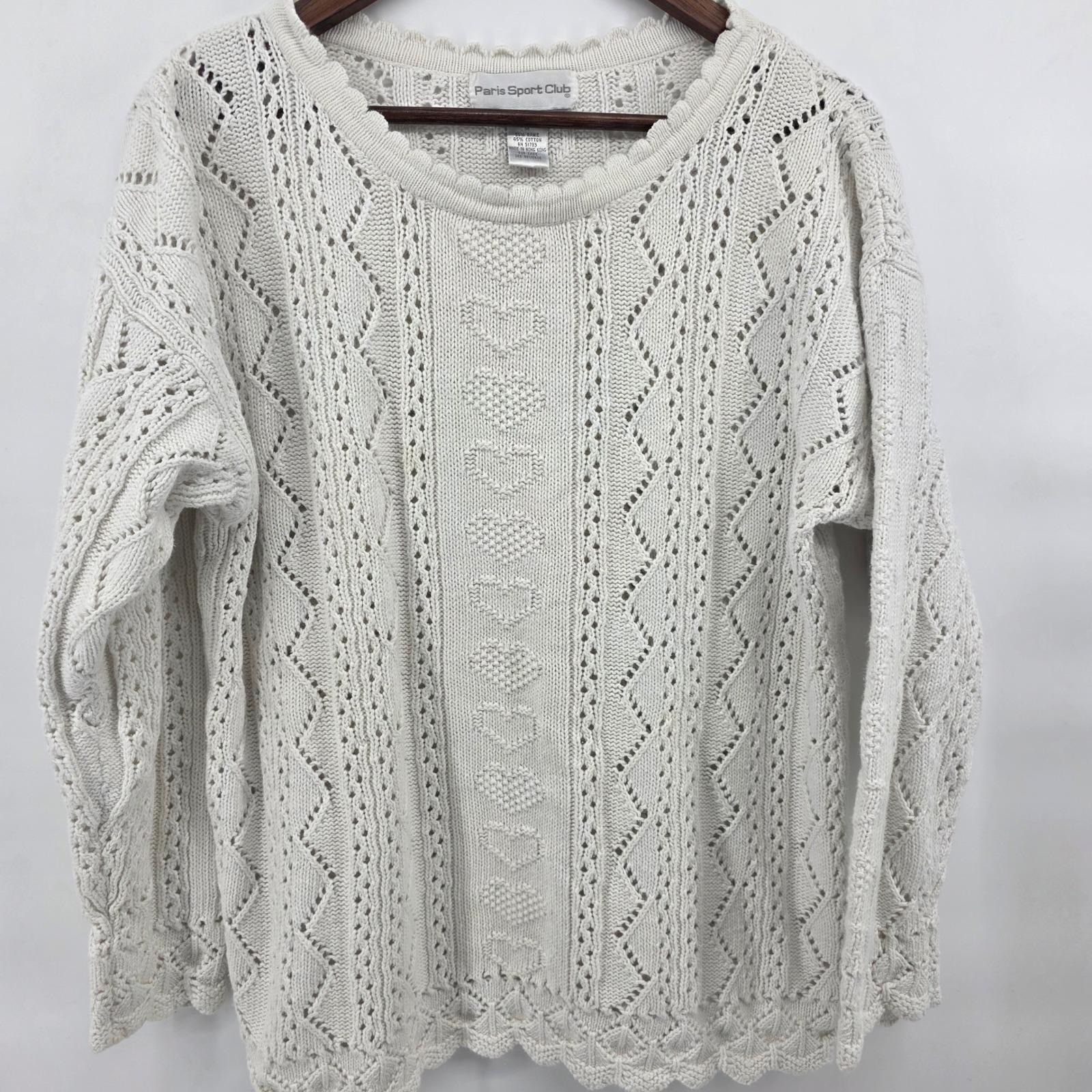 Paris Sport Club Vintage Heart Pointelle Knit Scalloped Sweater Cream Womens M